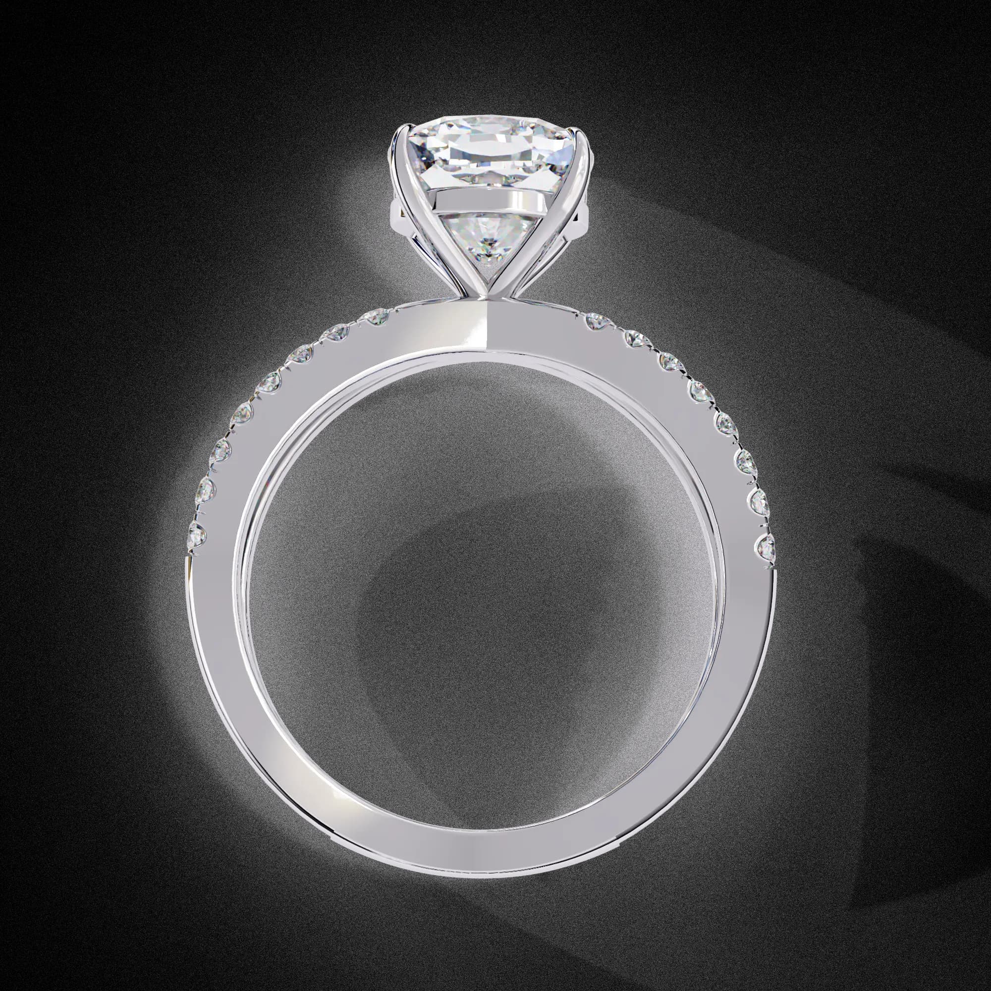 Cushion cut lab grown diamond crossover pavé engagement ring in white gold, through-finger view