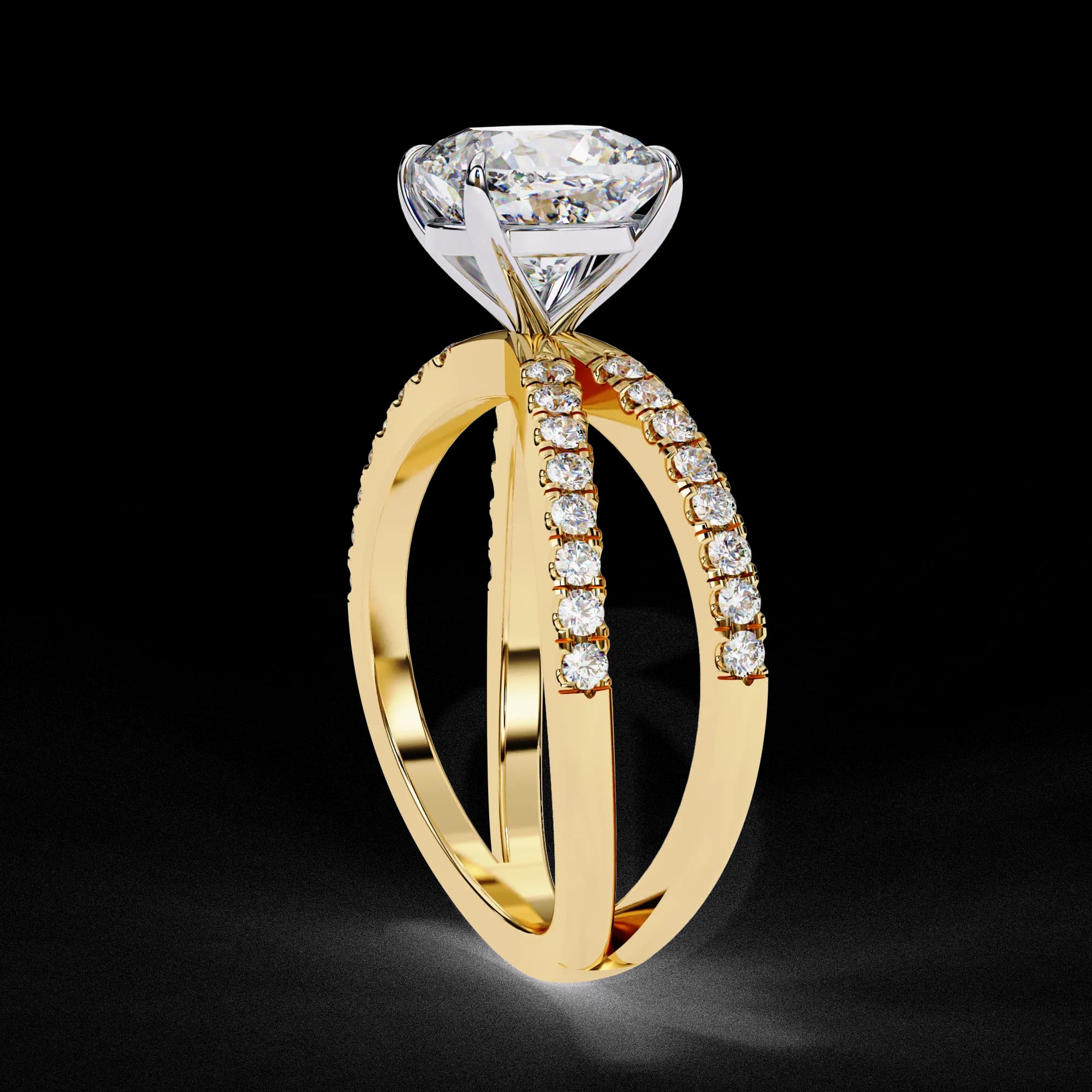 Cushion cut lab grown diamond crossover pavé engagement ring in yellow gold, side profile view