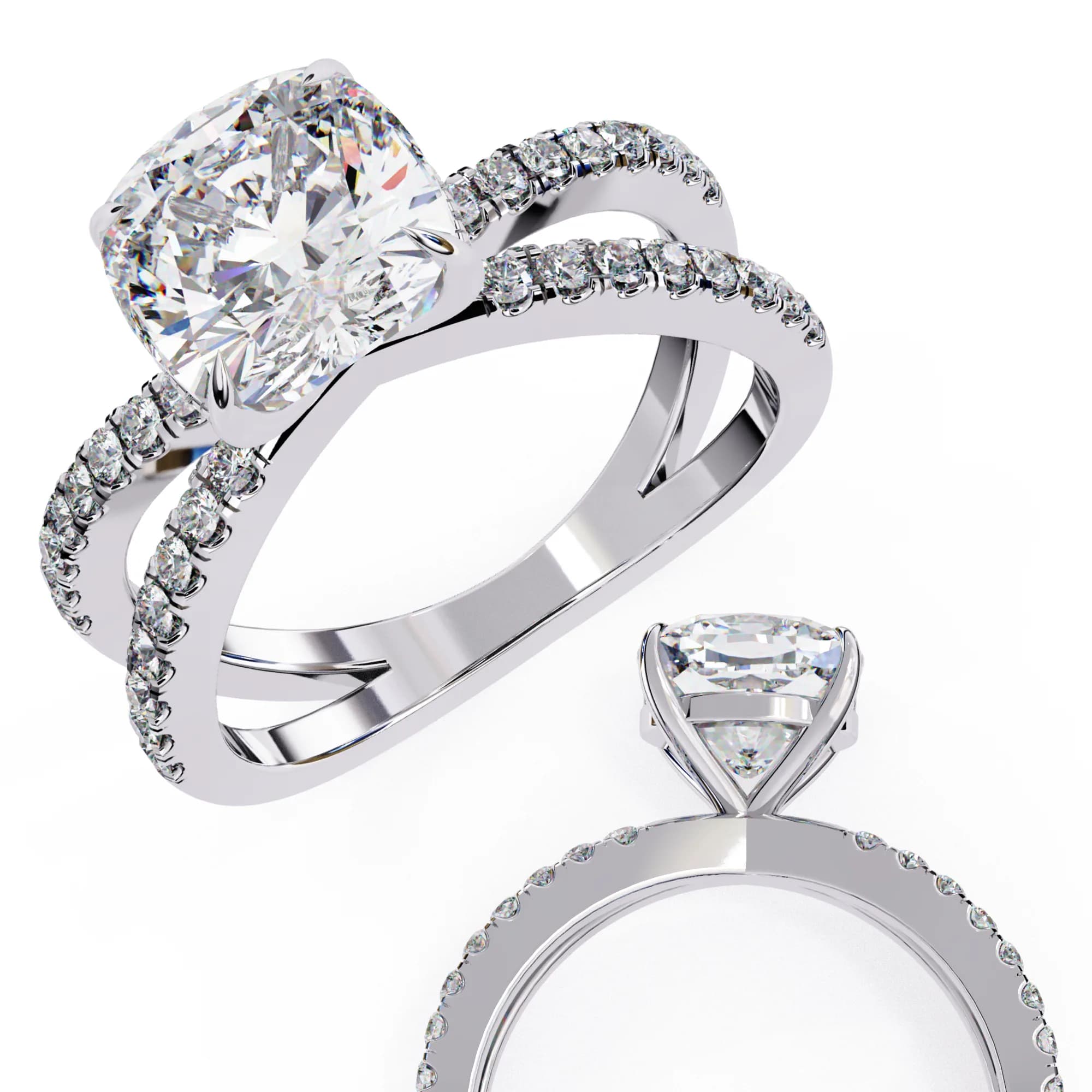 Cushion cut lab grown diamond crossover pavé engagement ring in white gold, shown from two angles