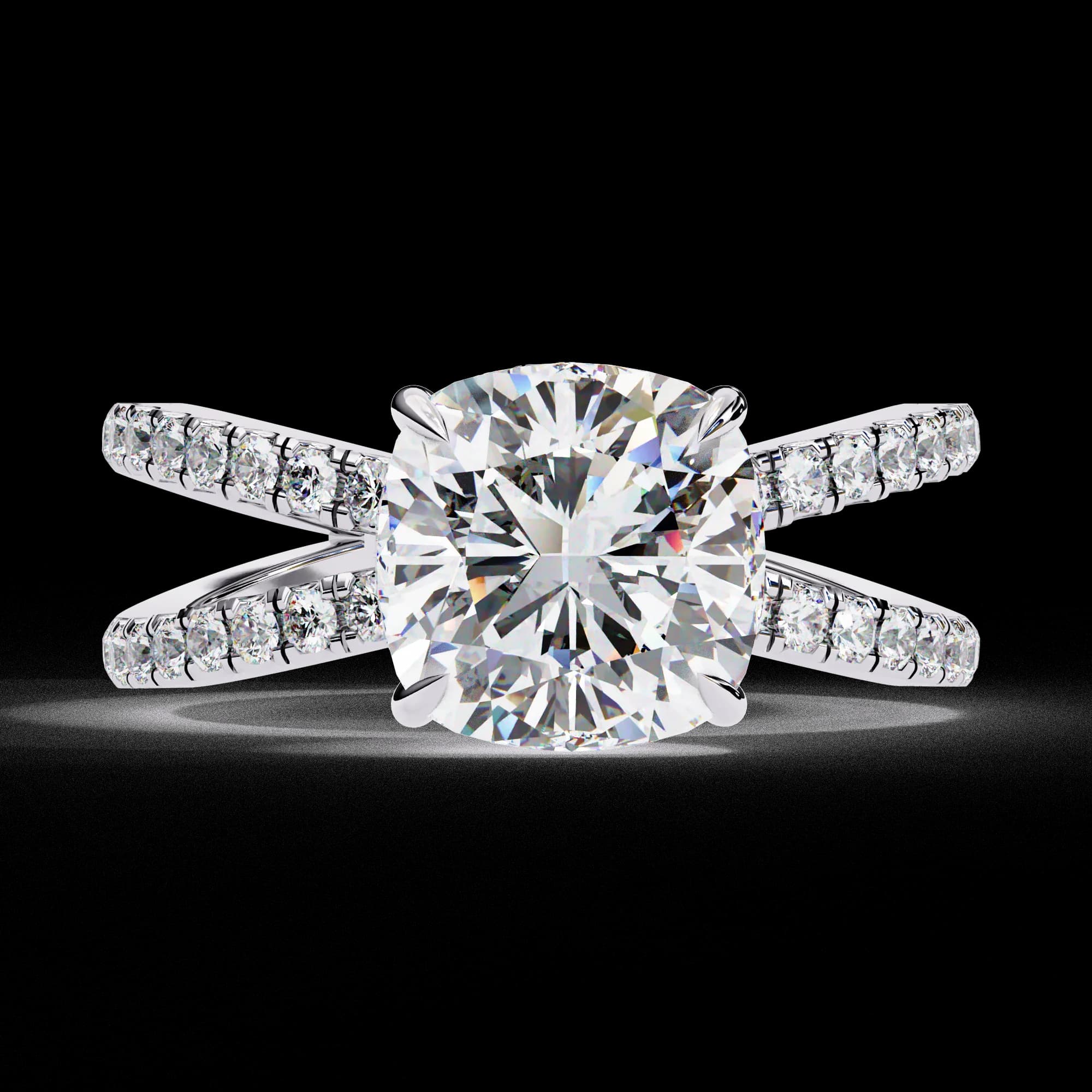 Cushion cut lab grown diamond crossover pavé engagement ring in white gold, front view