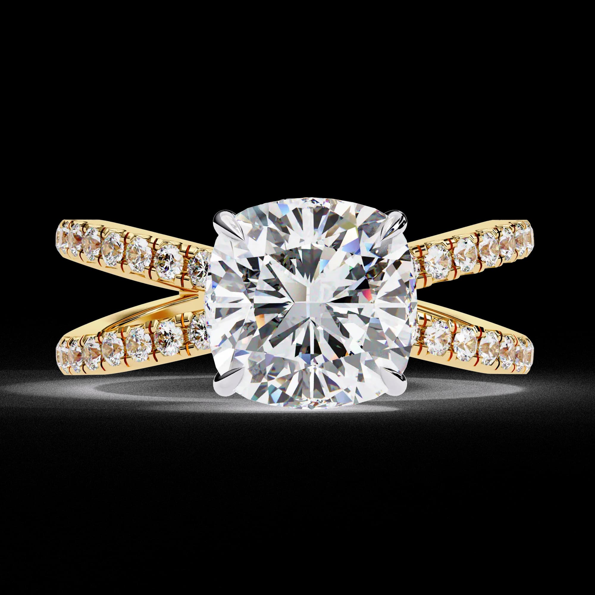 Cushion cut lab grown diamond crossover pavé engagement ring in yellow gold, front view