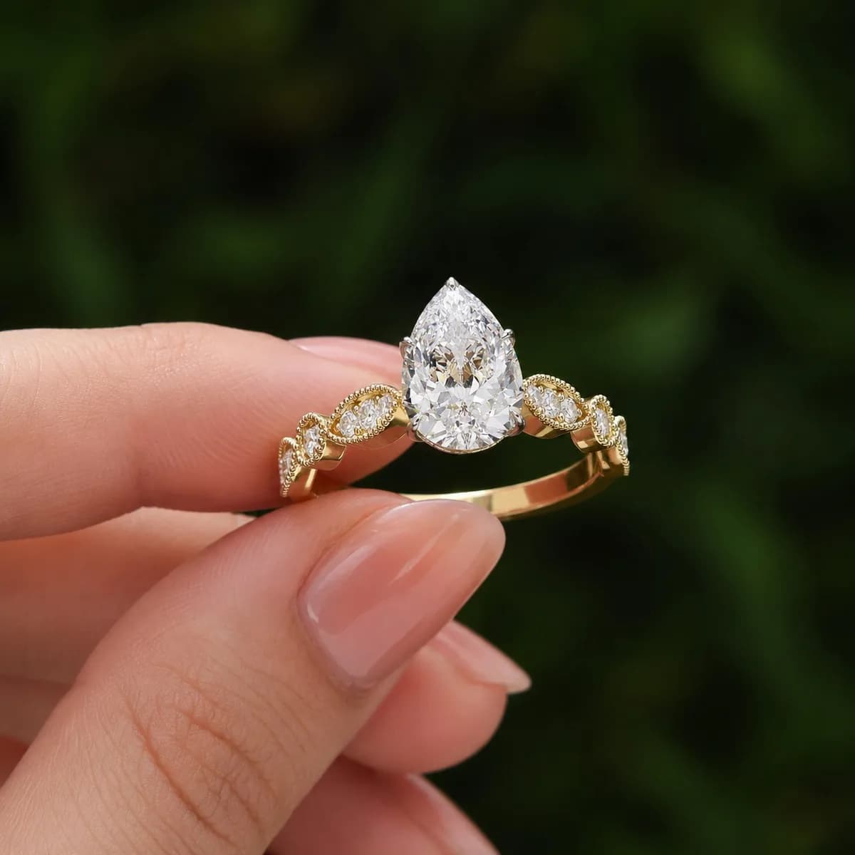 Pear cut lab grown diamond vintage milgrain engagement ring in yellow gold held between fingertips