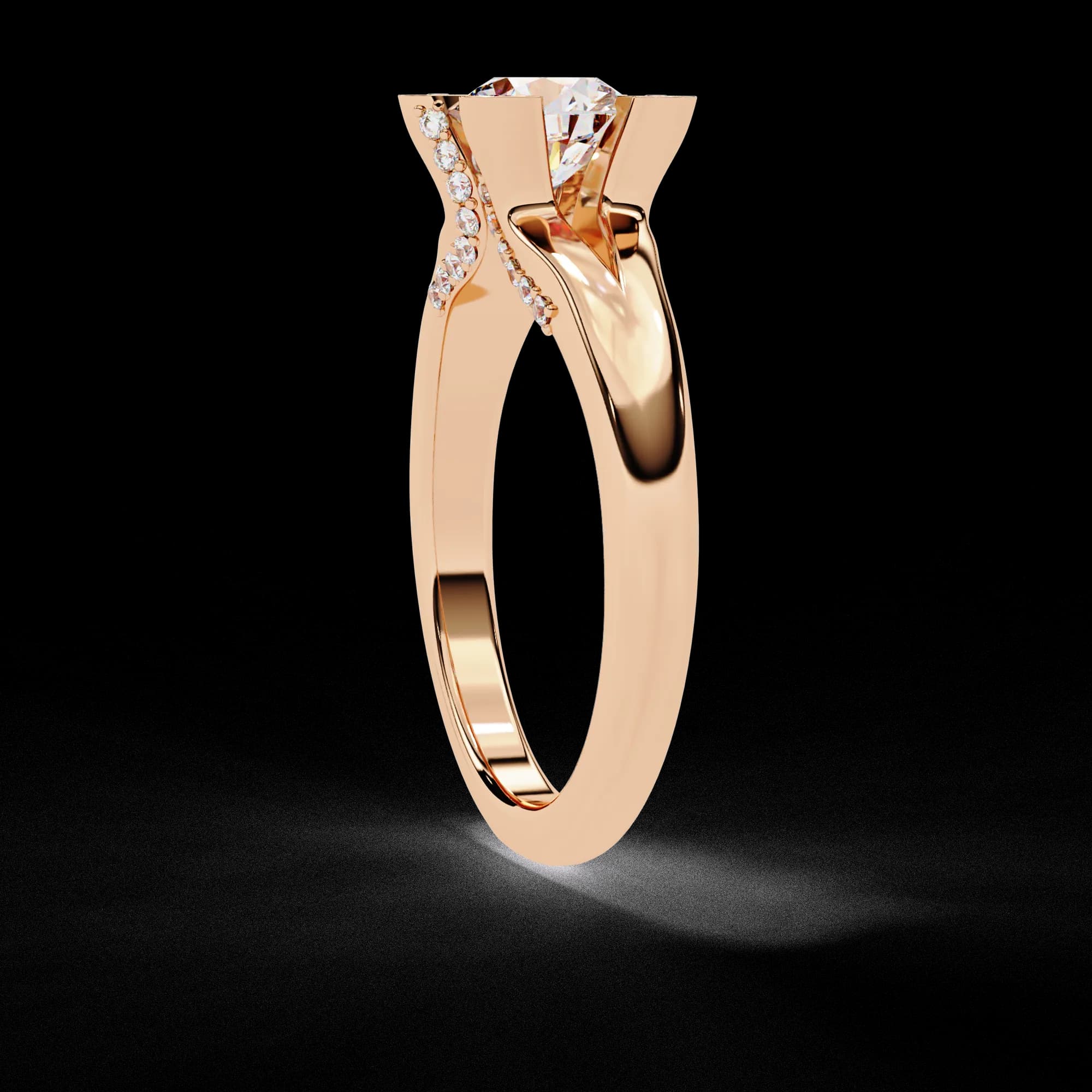 Round lab grown diamond split shank engagement ring with petal claws in rose gold, side profile view