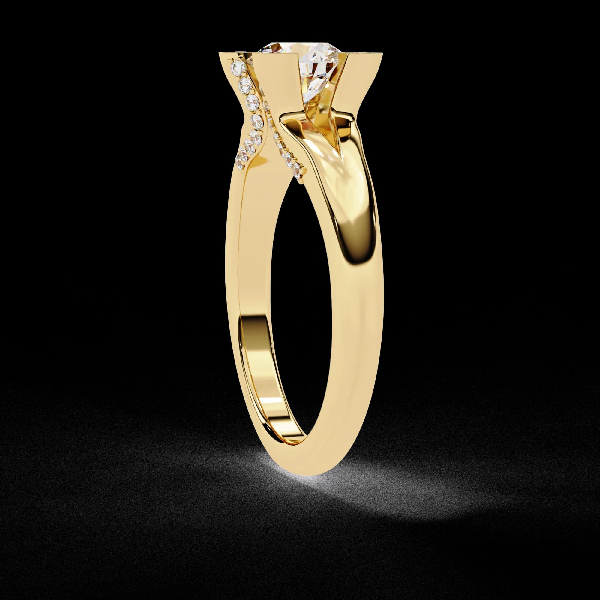 Round lab grown diamond split shank engagement ring with petal claws in yellow gold, side profile view