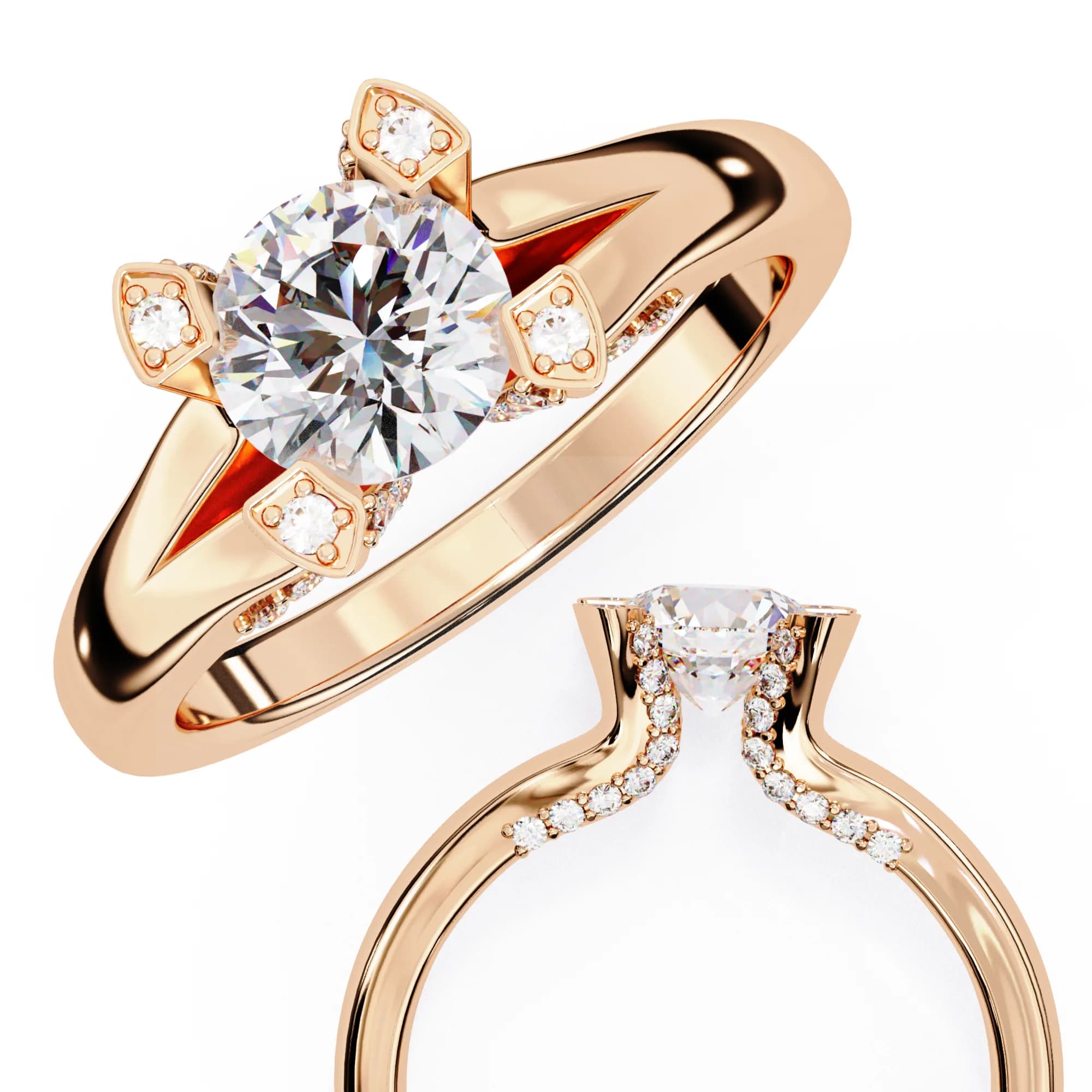 Round lab grown diamond split shank engagement ring with petal claws in rose gold, angled view with a close-up of the setting