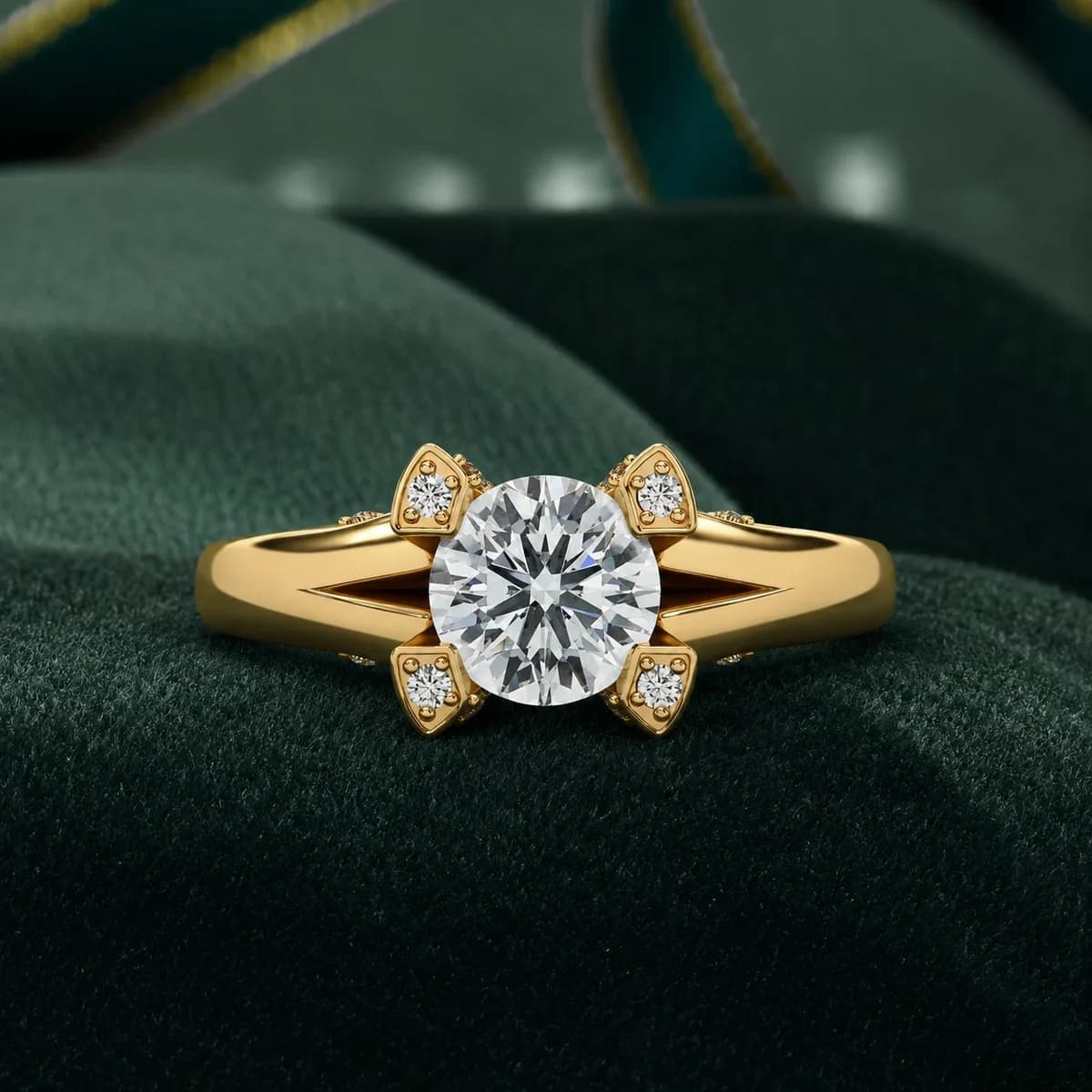 Round lab grown diamond split shank engagement ring with petal claws in yellow gold resting on green velvet