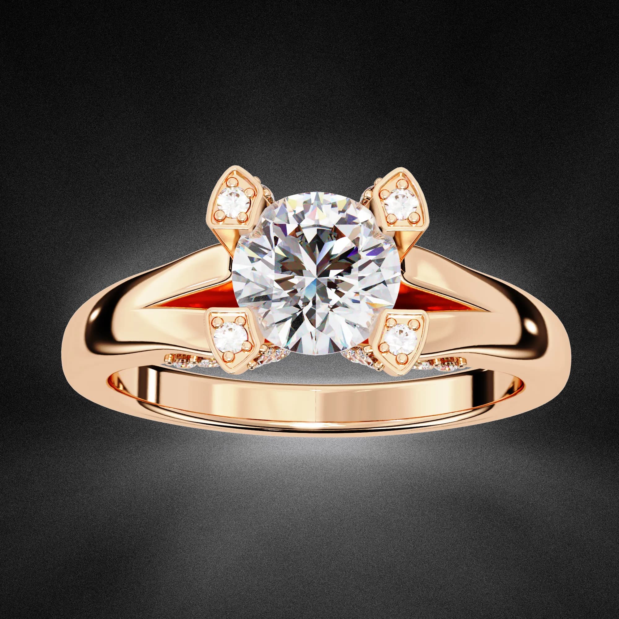Round lab grown diamond split shank engagement ring with petal claws in rose gold, angled view