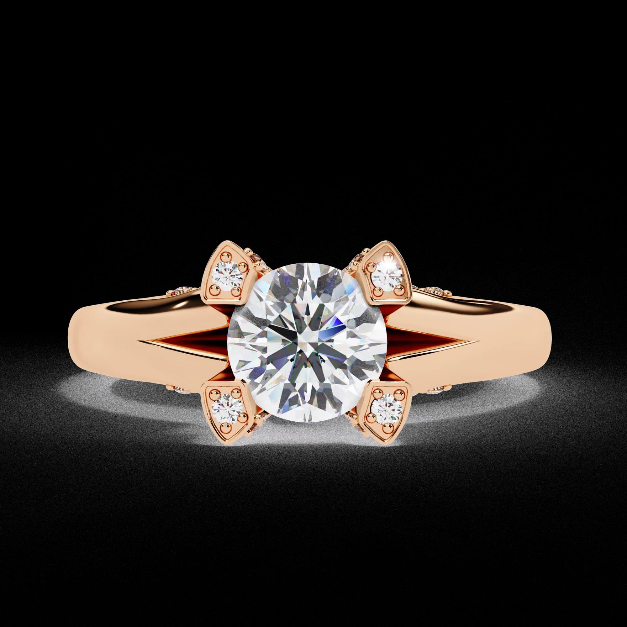 Round lab grown diamond split shank engagement ring with petal claws in rose gold, front view