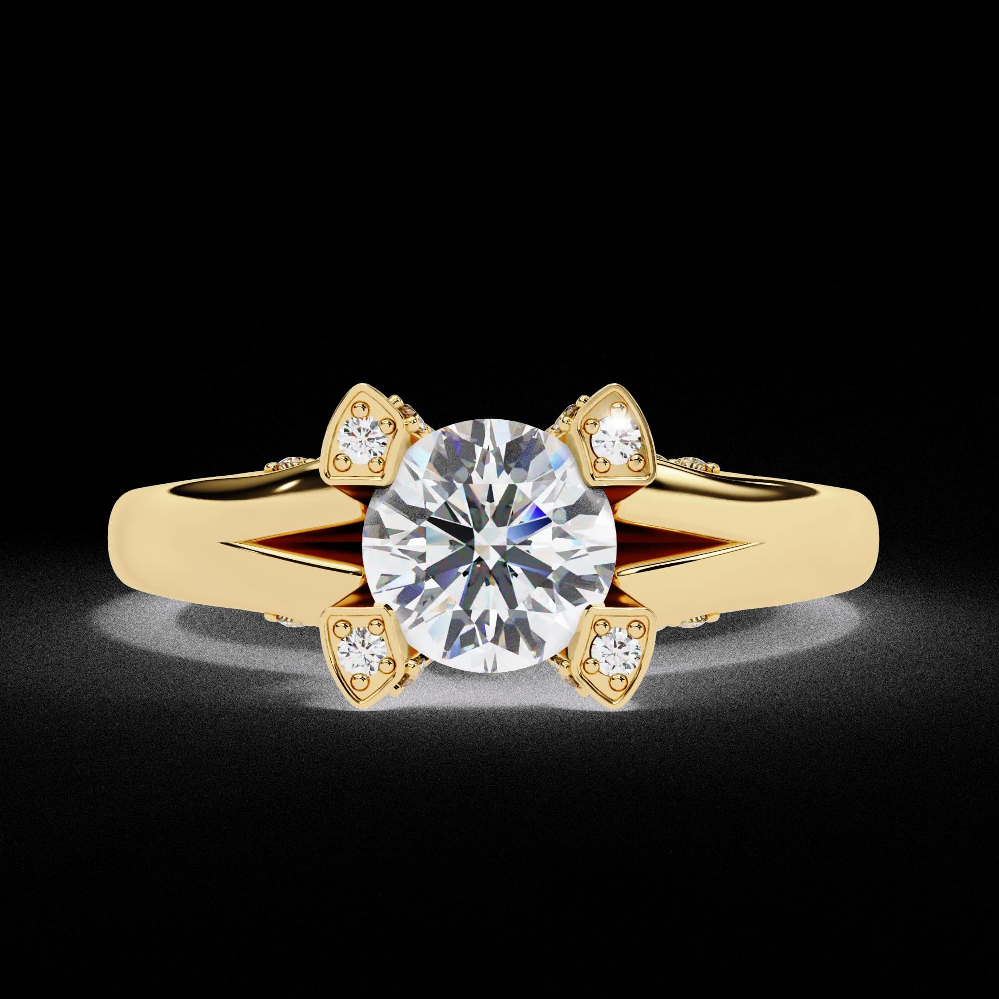 Round lab grown diamond split shank engagement ring with petal claws in yellow gold, front view