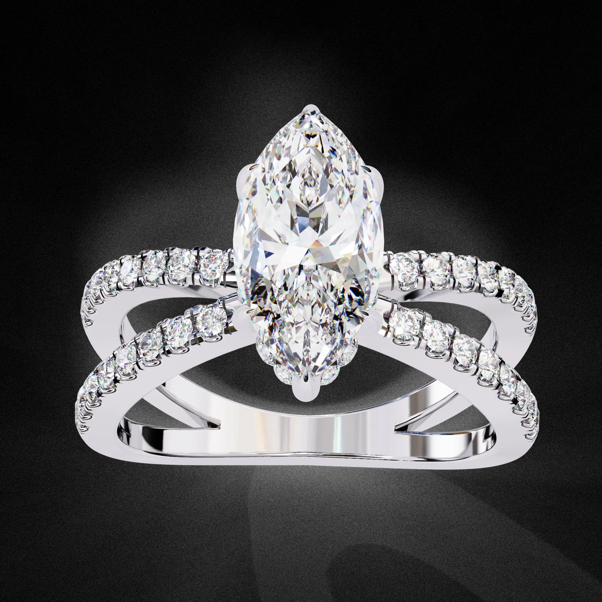 Marquise cut lab grown diamond crossover pavé engagement ring in white gold, angled view