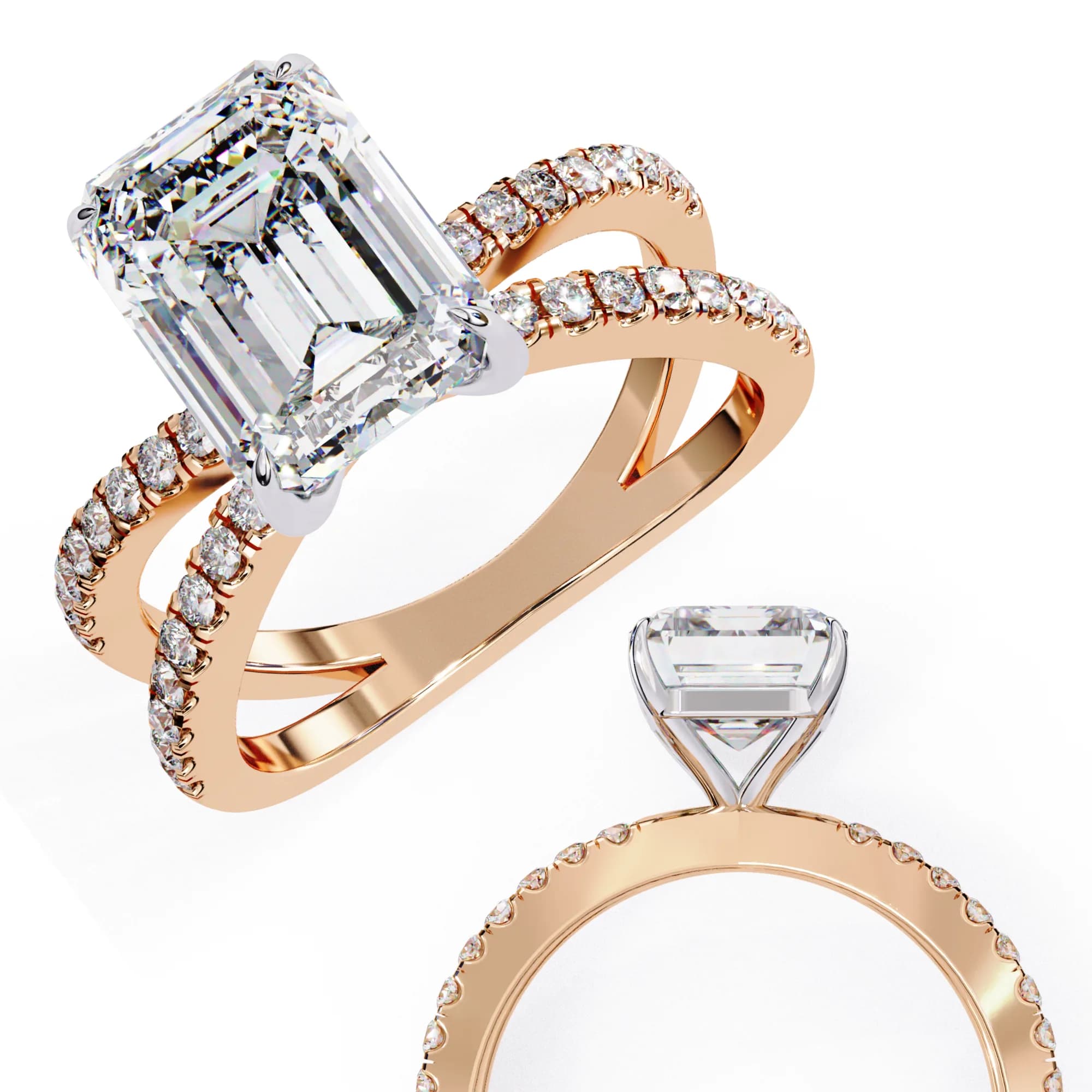 Emerald cut lab grown diamond criss-cross split shank engagement ring in rose gold, shown from two angles