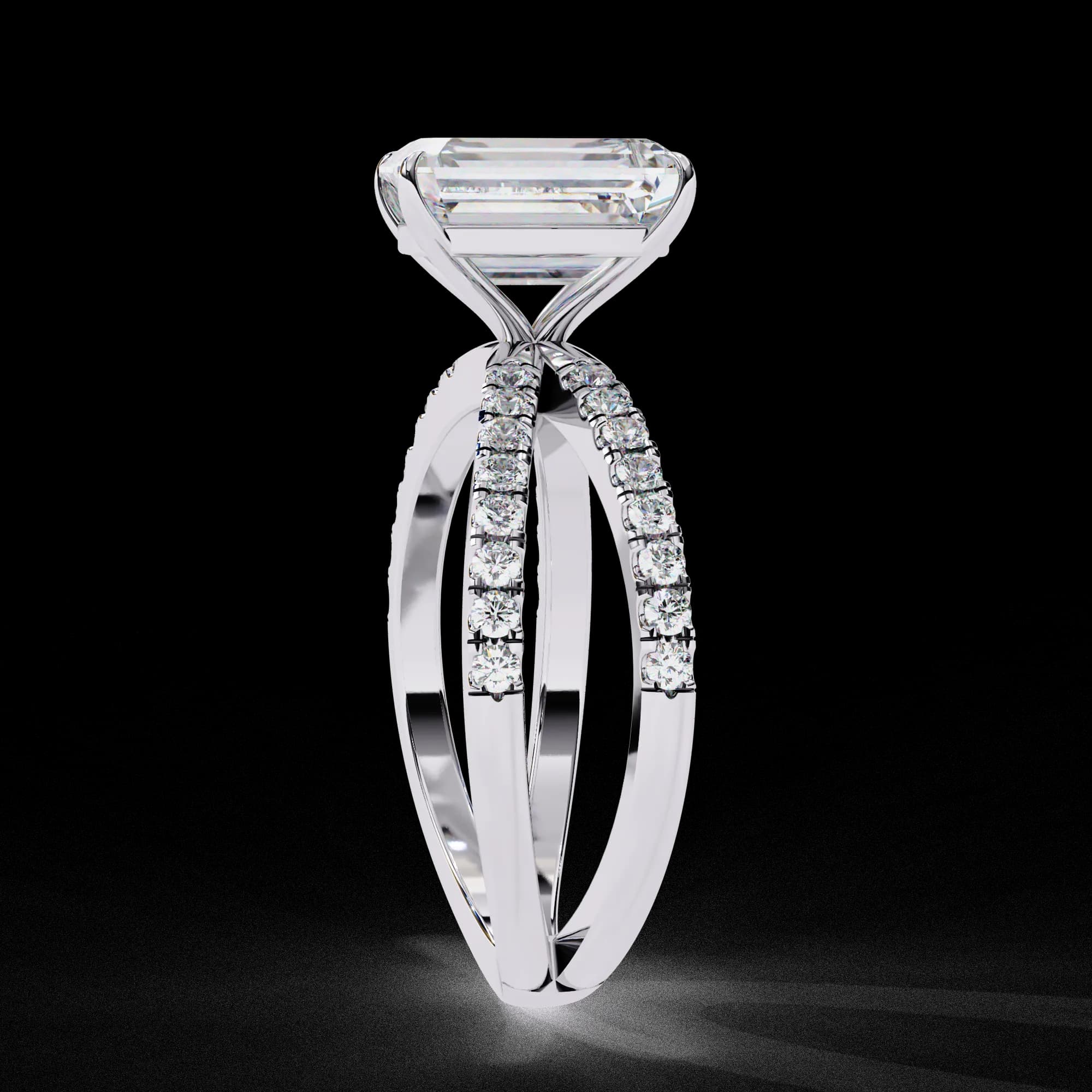 Emerald cut lab grown diamond criss-cross split shank engagement ring in white gold, side profile view
