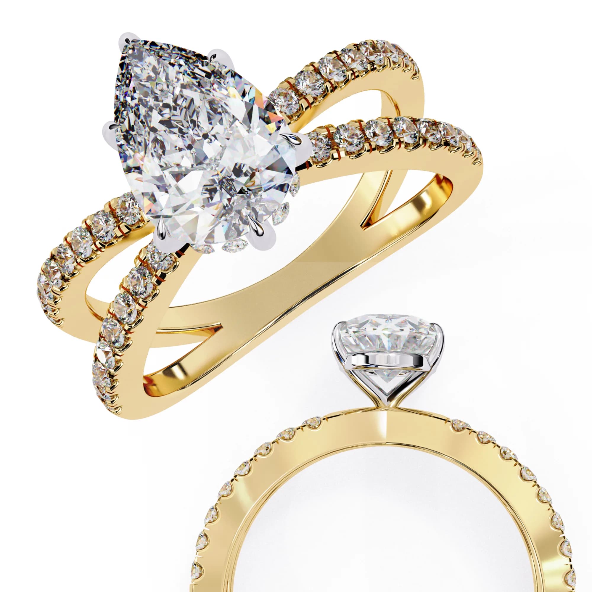 Pear cut lab grown diamond crossover split shank engagement ring in yellow gold, two-view composition