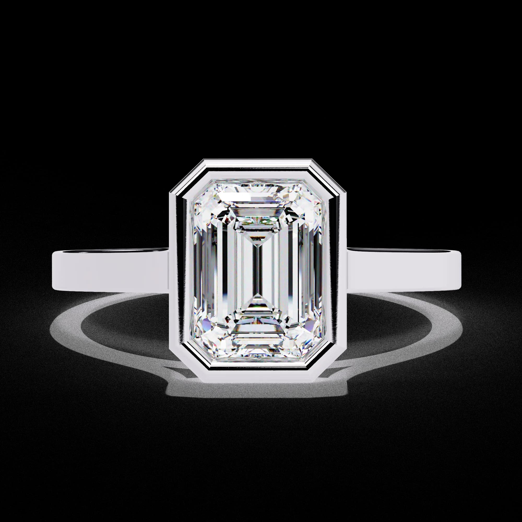 Emerald cut lab grown diamond bezel solitaire engagement ring in white gold, front view