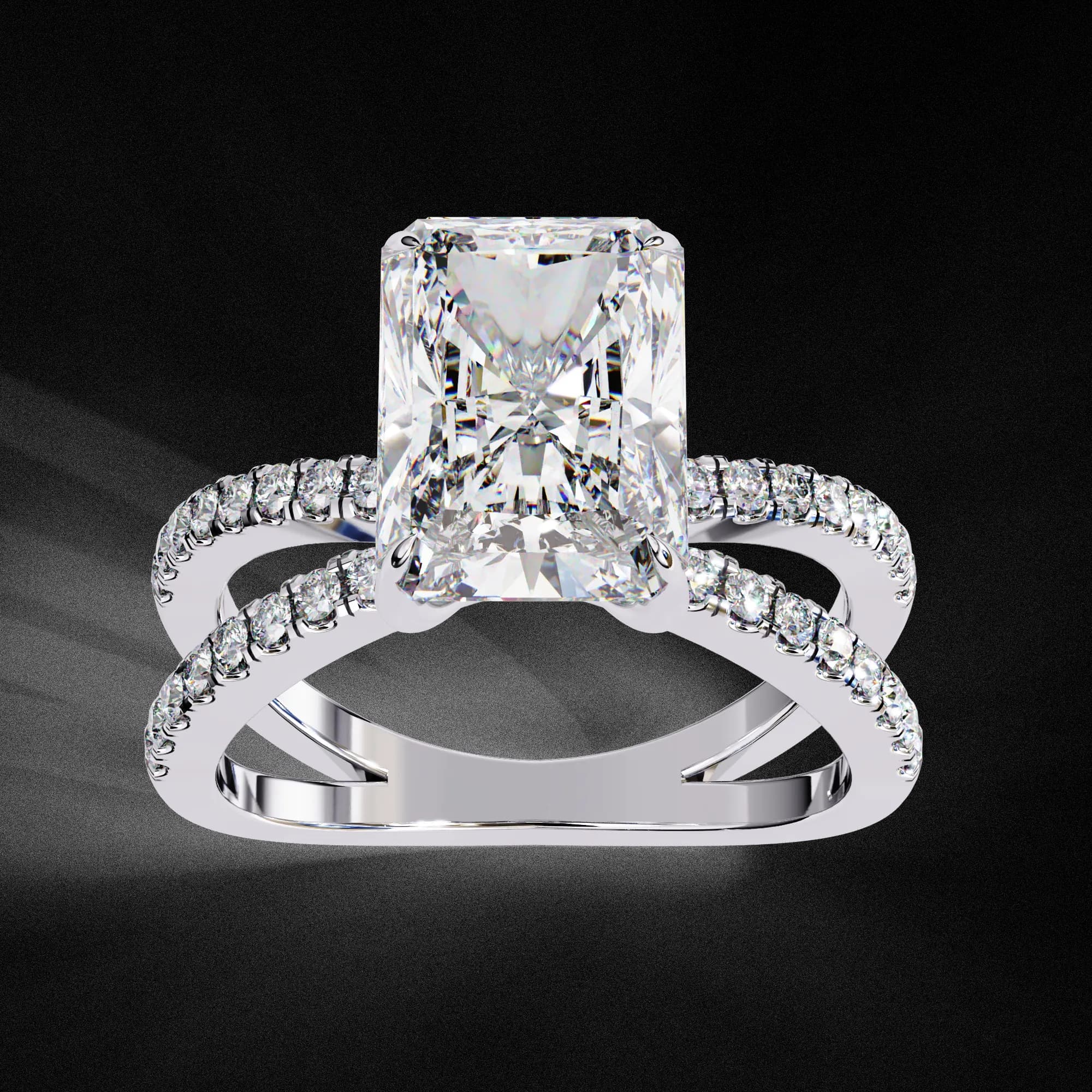 Radiant cut lab grown diamond crossover engagement ring in white gold, angled view