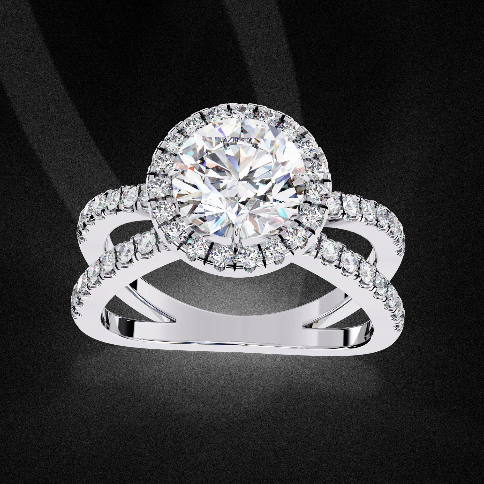 Round lab grown diamond halo crossover pavé engagement ring in white gold, three-quarter view