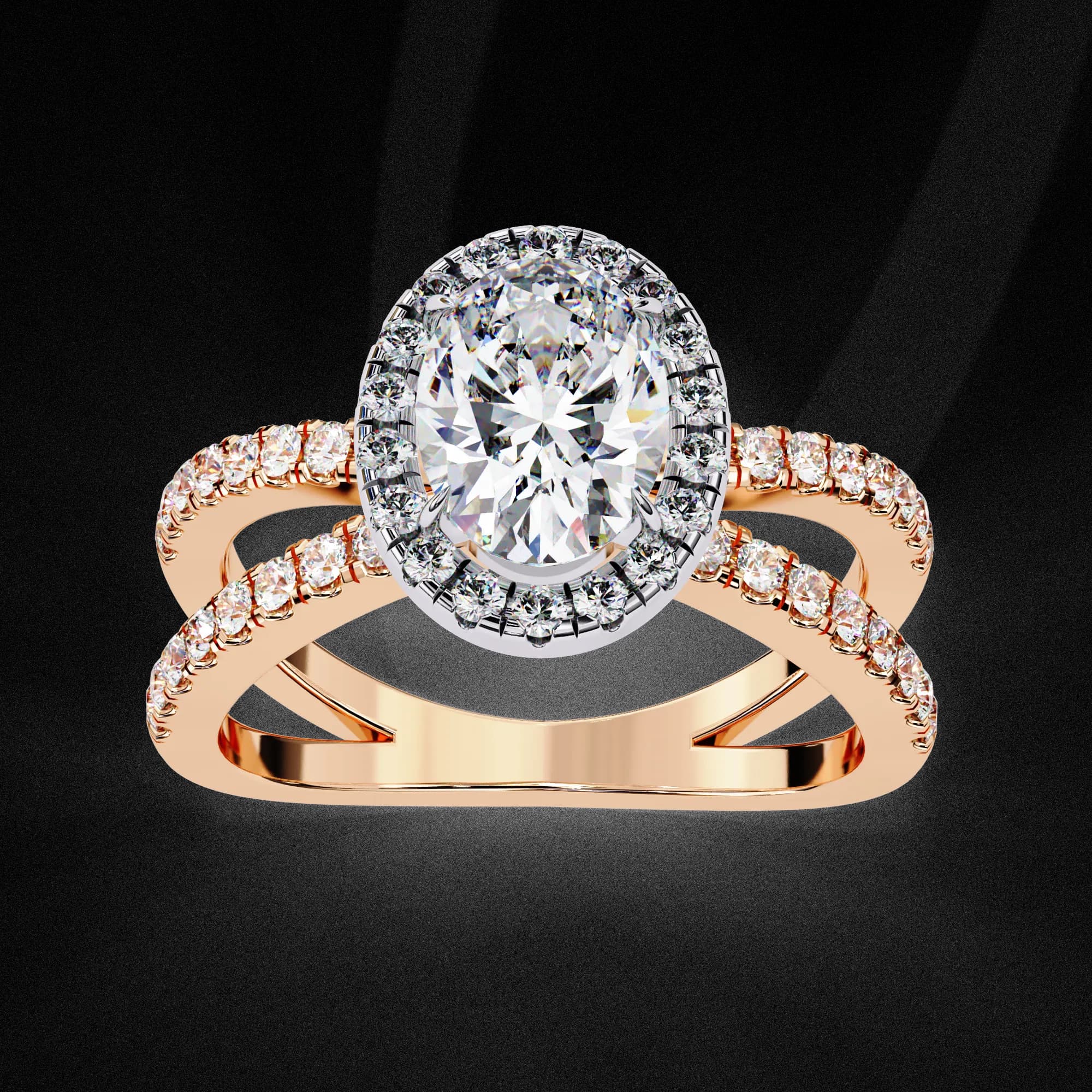 Oval lab grown diamond halo crossover engagement ring in rose gold, angled view
