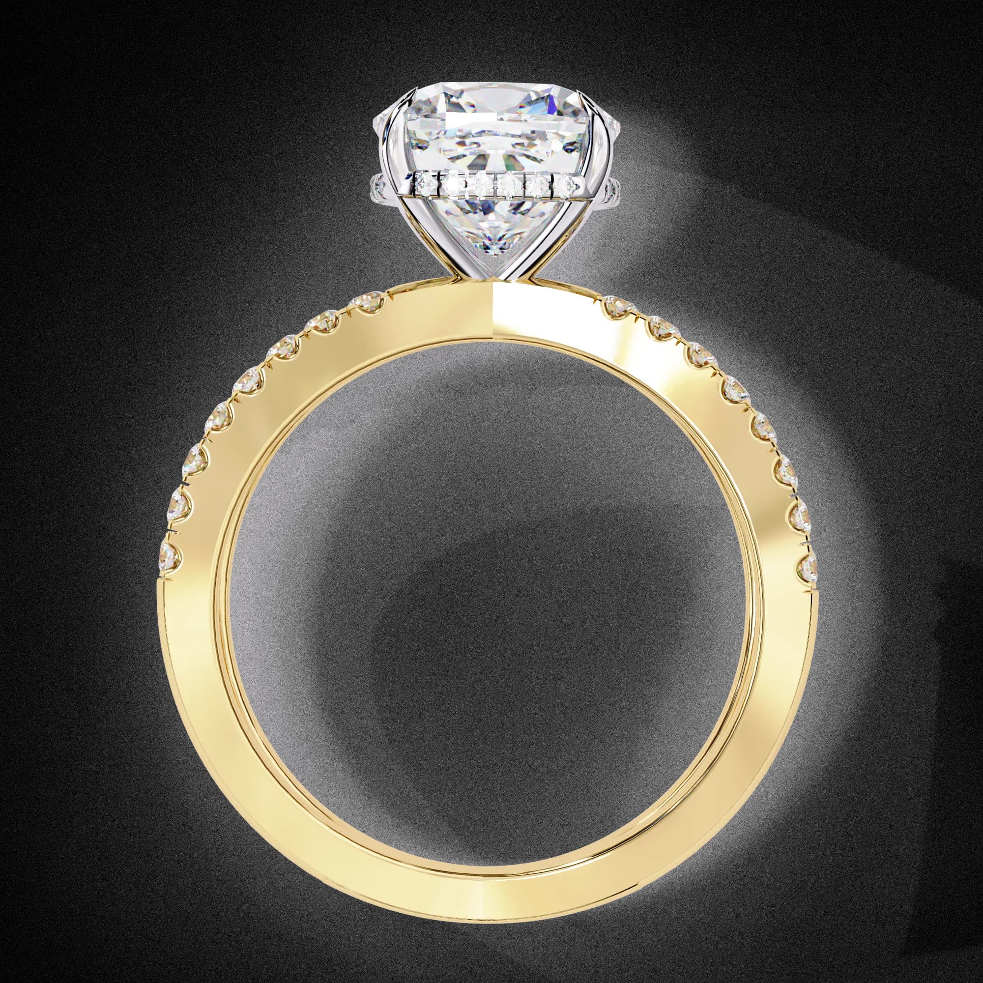 Cushion cut lab grown diamond split shank hidden halo engagement ring in yellow gold, through-finger view