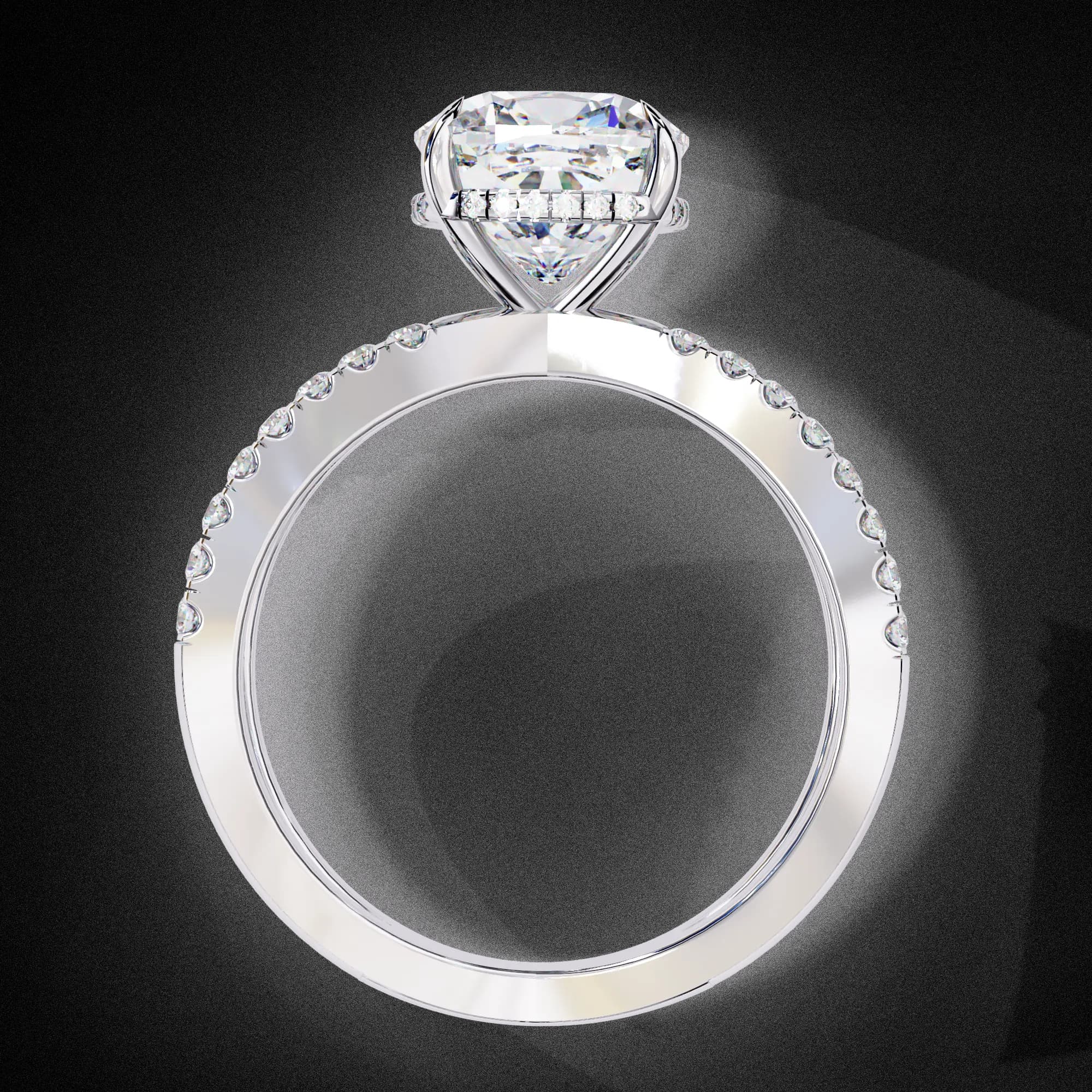 Cushion cut lab grown diamond split shank hidden halo engagement ring in white gold, through-finger view