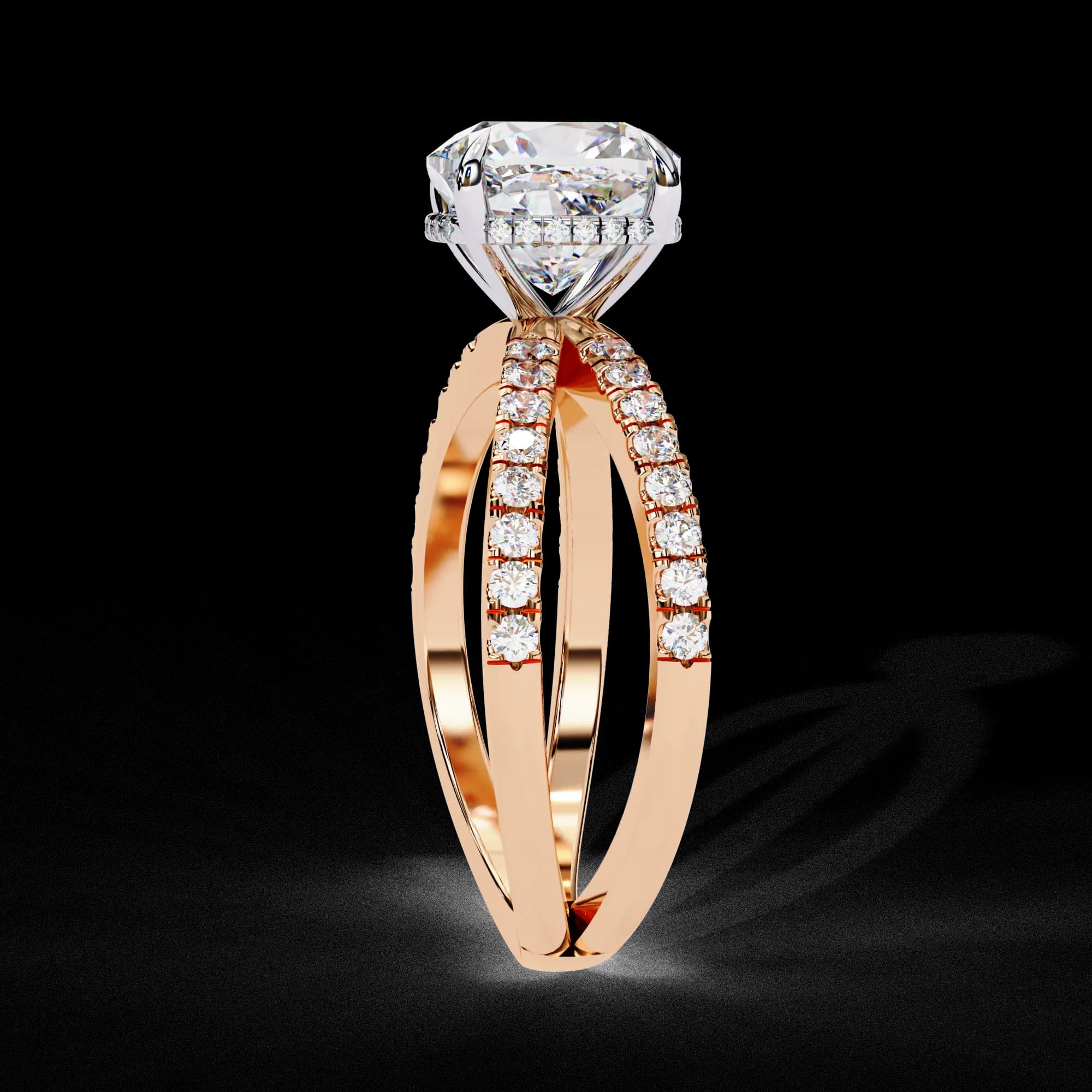 Cushion cut lab grown diamond split shank hidden halo engagement ring in rose gold, side profile view