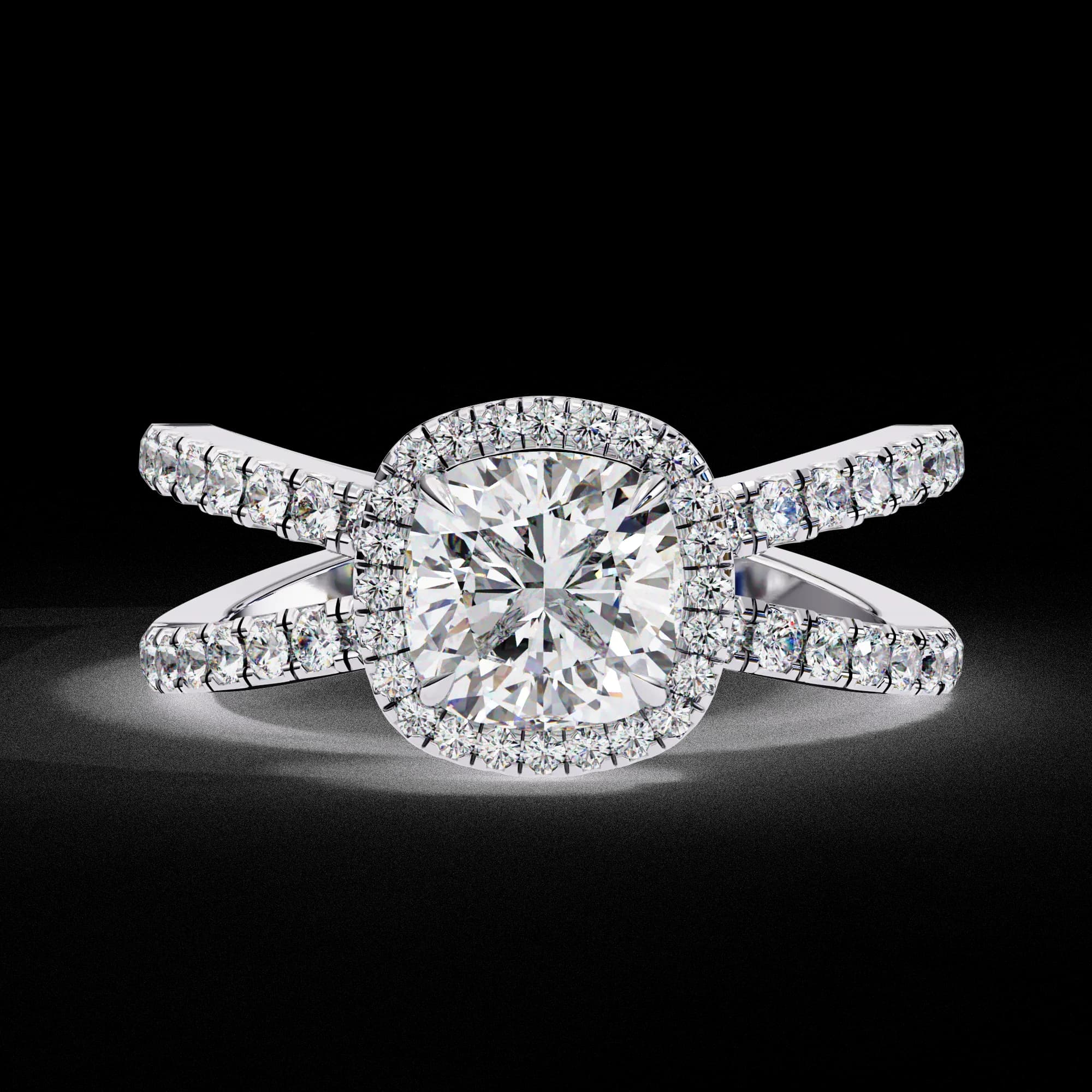 Cushion cut lab grown diamond halo split shank engagement ring in white gold, front view