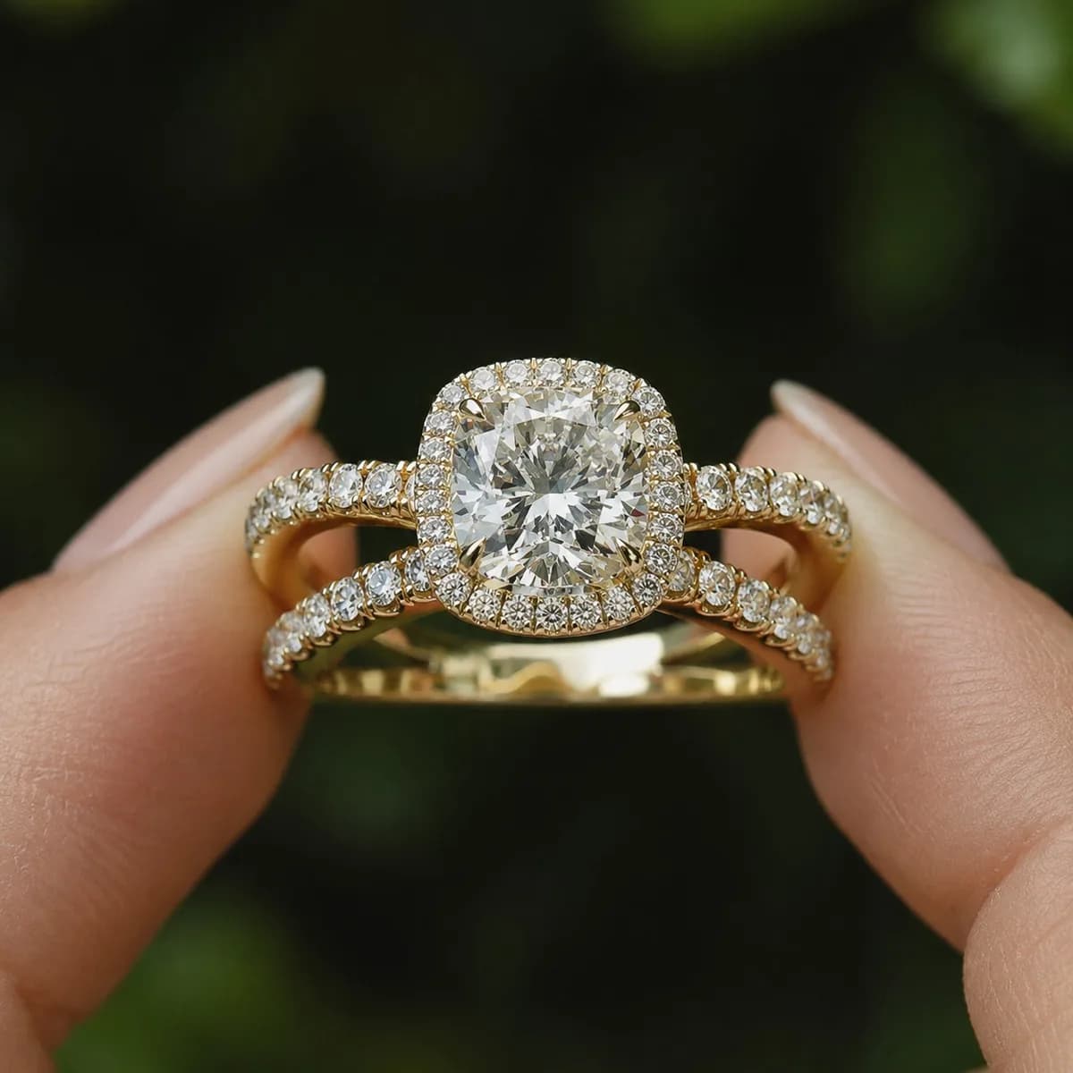Cushion cut lab grown diamond halo split shank engagement ring in yellow gold held between fingertips