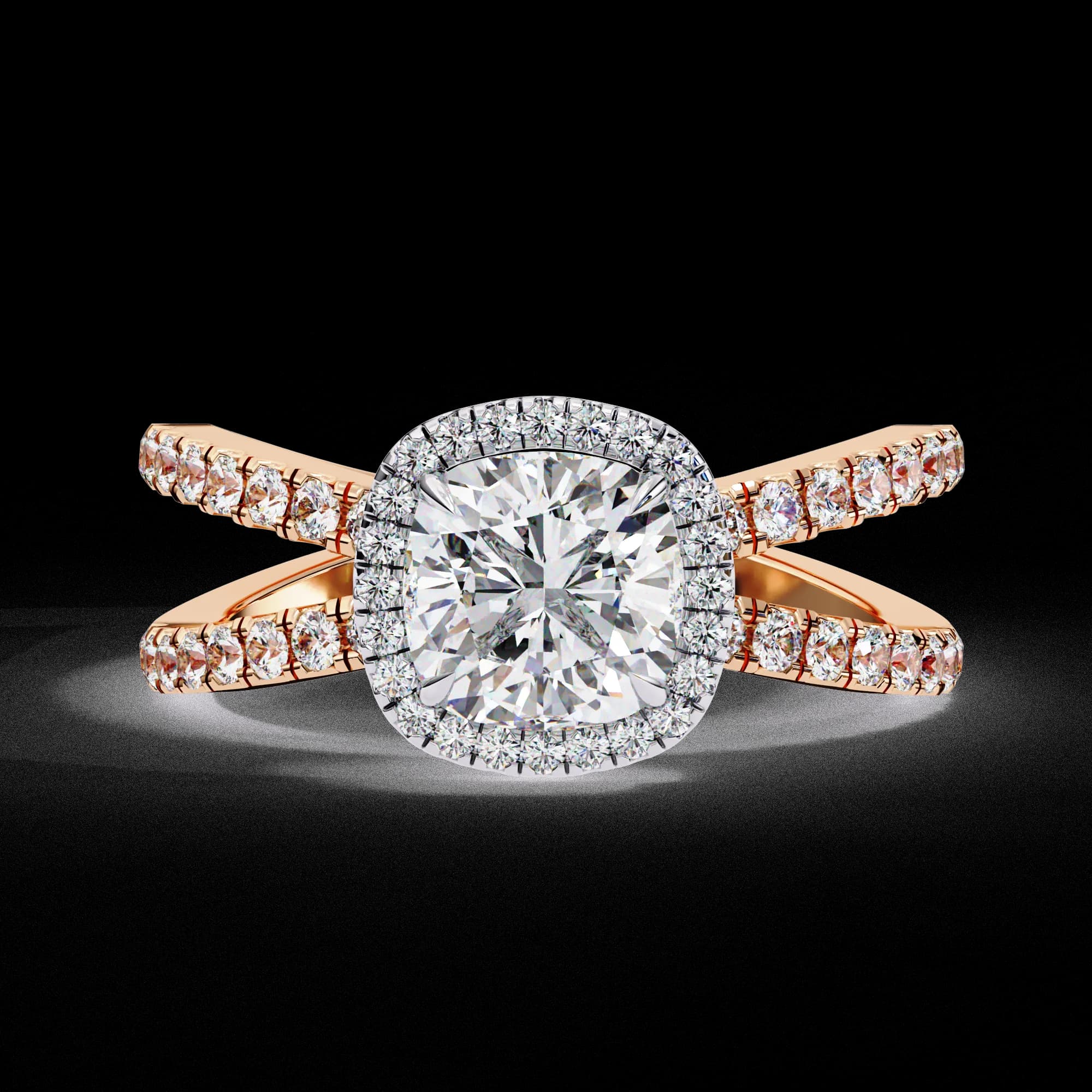 Cushion cut lab grown diamond halo split shank engagement ring in rose gold, front view