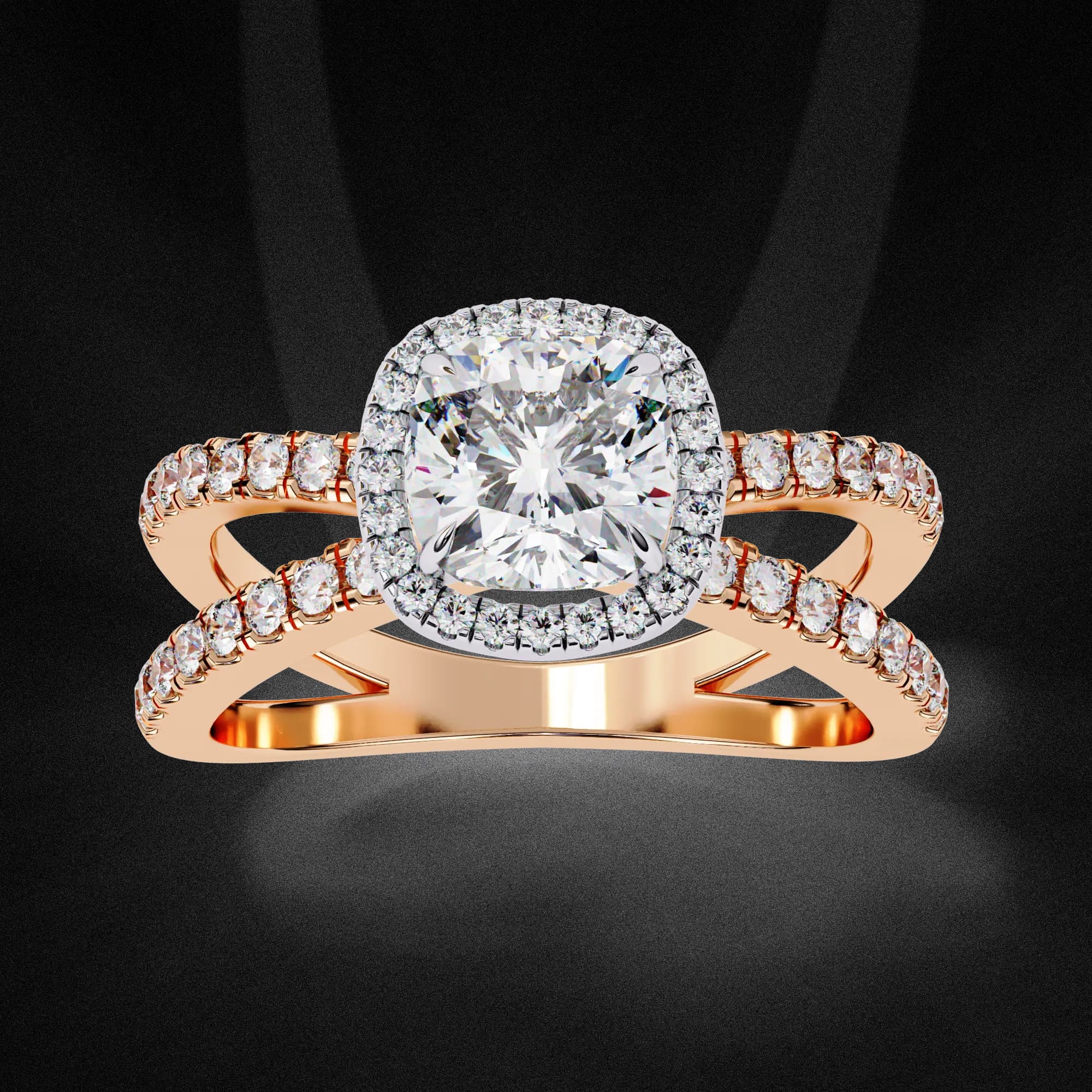 Cushion cut lab grown diamond halo split shank engagement ring in rose gold, angled view