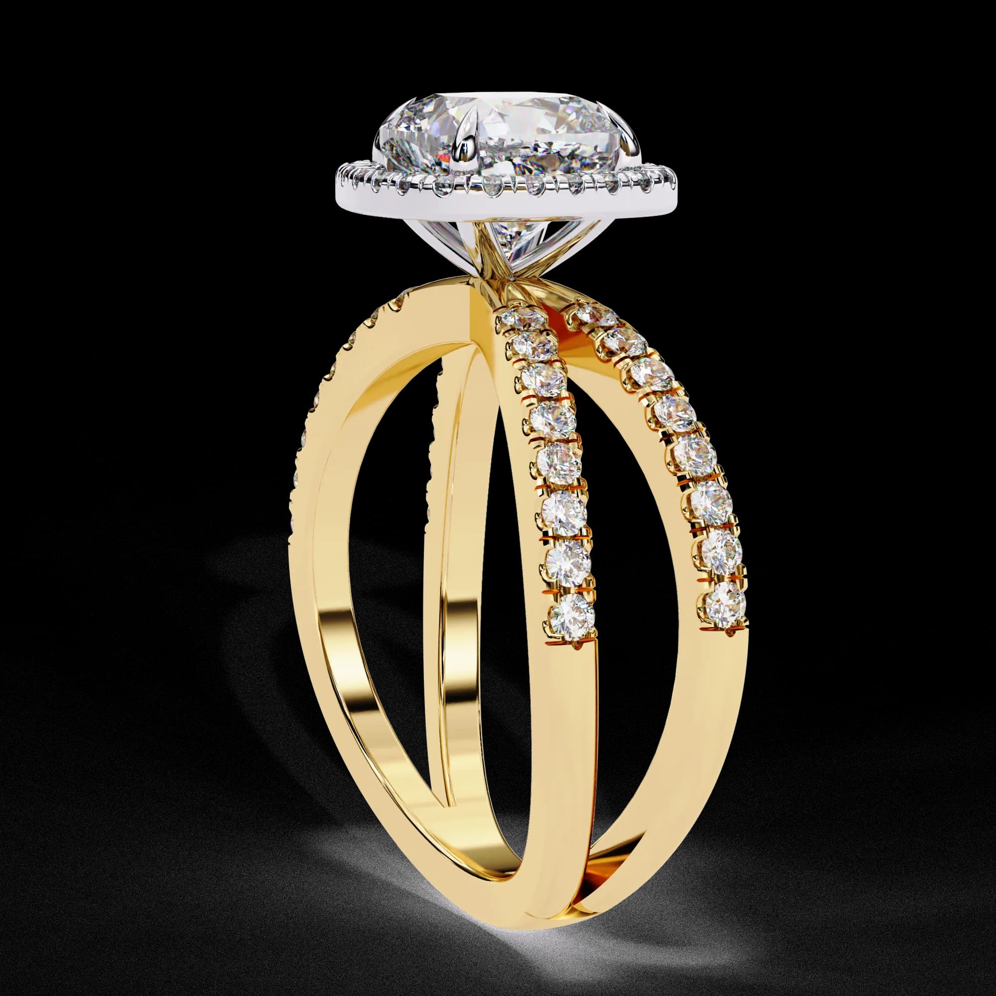 Cushion cut lab grown diamond halo split shank engagement ring in yellow gold, side profile view