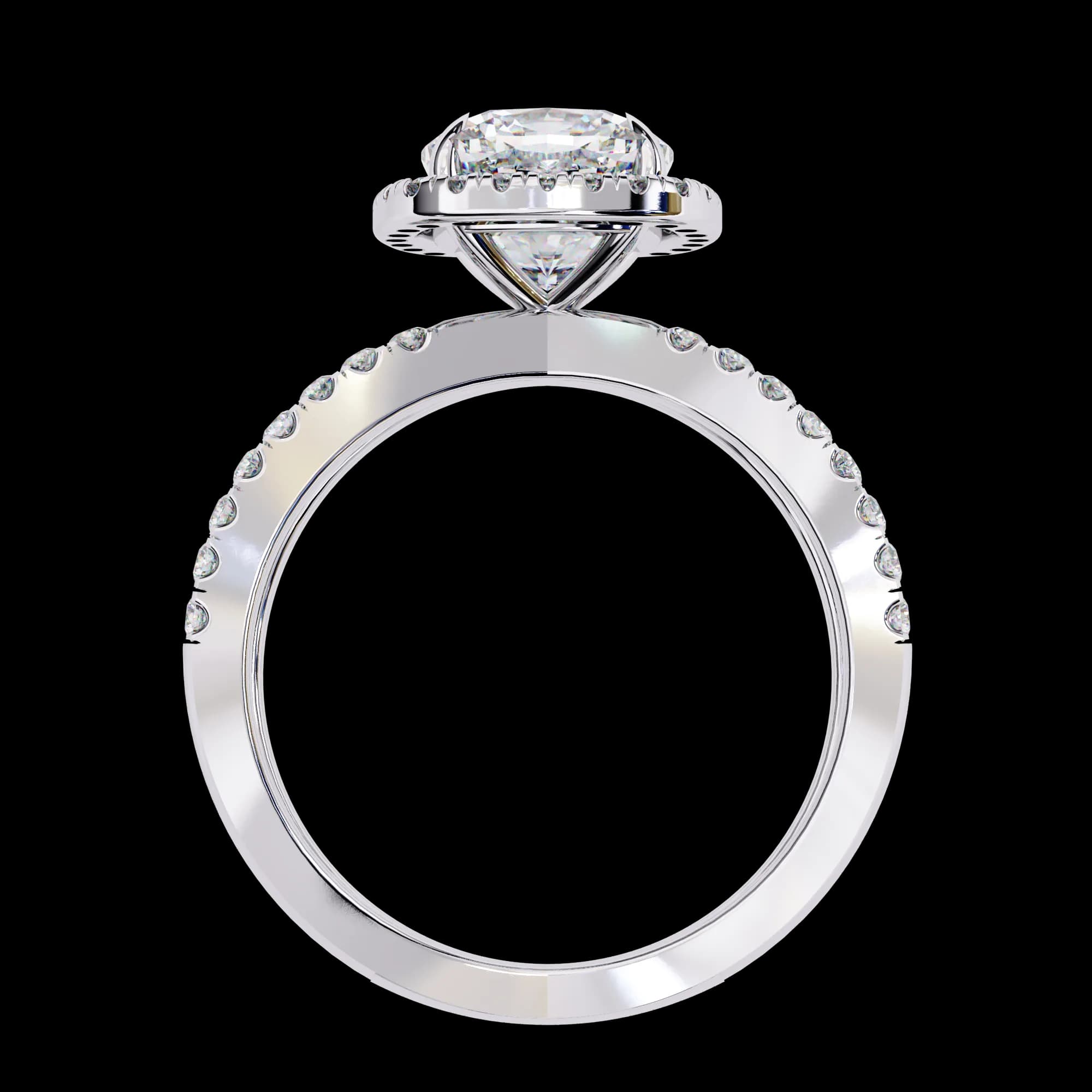 Cushion cut lab grown diamond halo split shank engagement ring in white gold, through-finger view