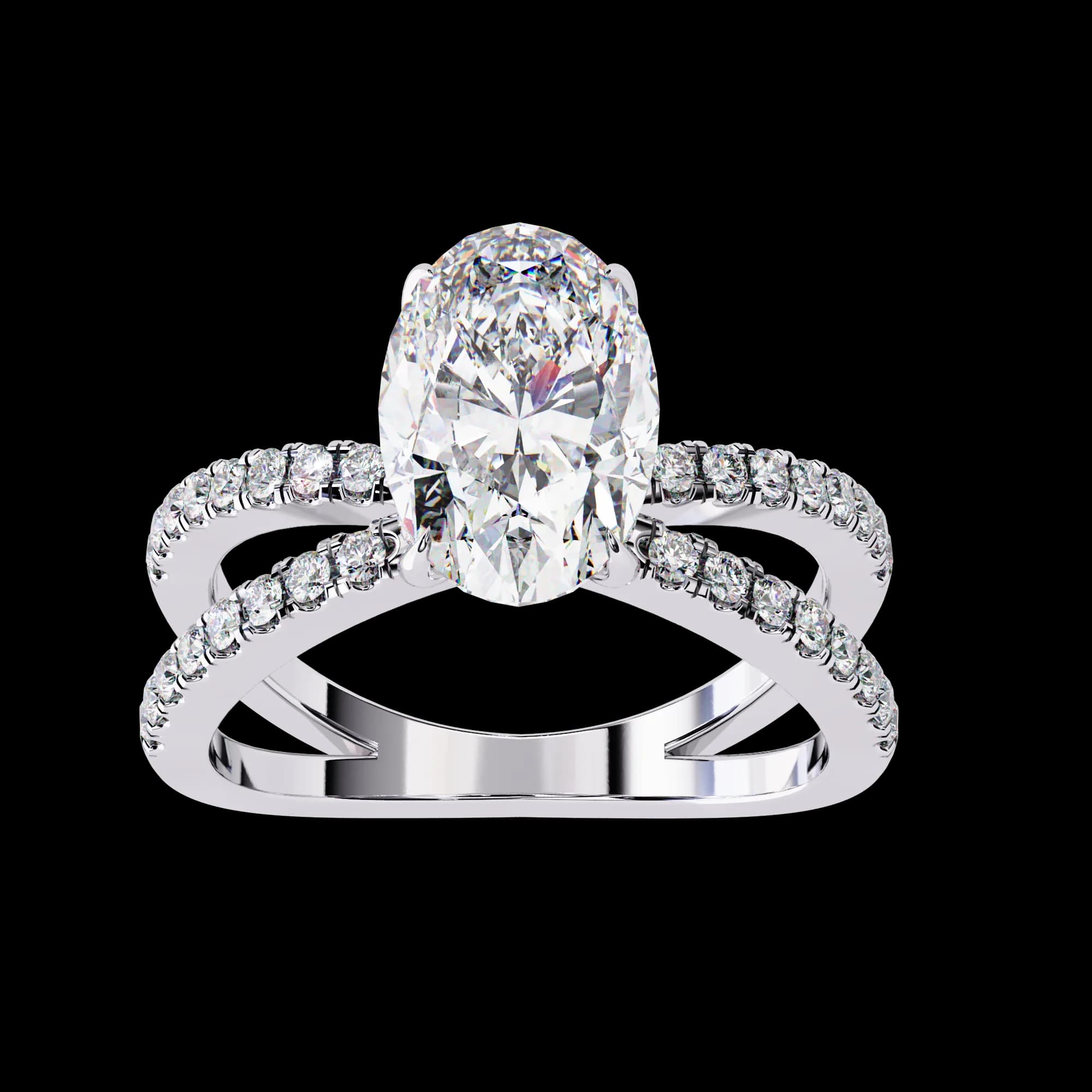 Oval lab grown diamond criss-cross pavé engagement ring in white gold, angled view