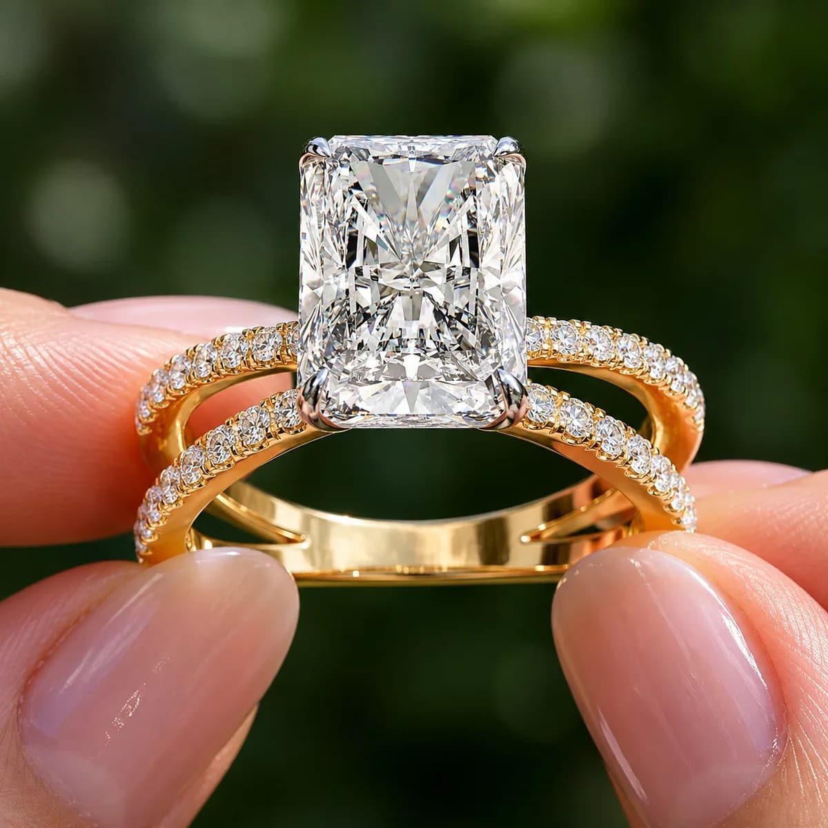 Radiant cut lab grown diamond crossover split shank ring in yellow gold held between fingertips