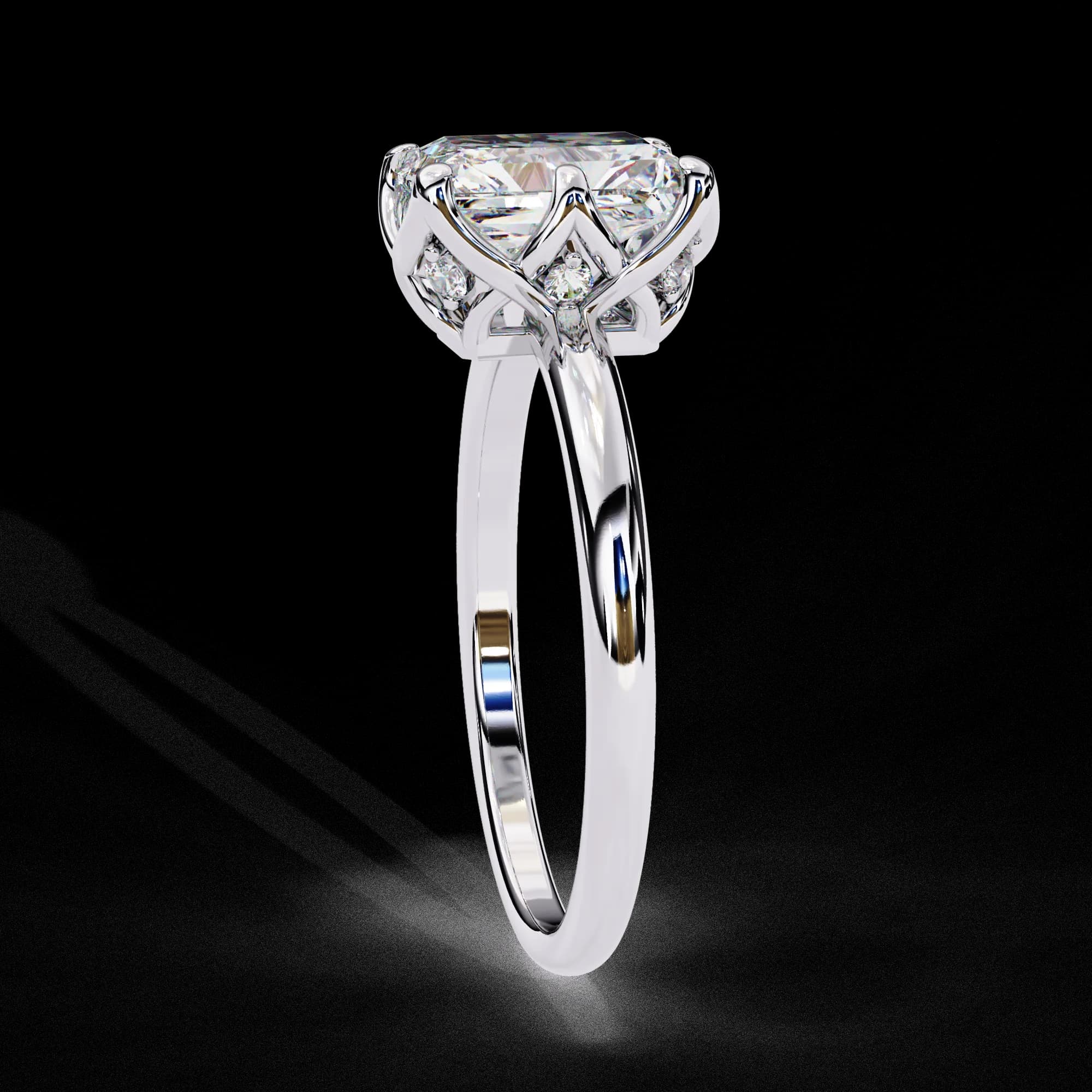 Emerald cut lab grown diamond solitaire engagement ring in white gold, side profile view