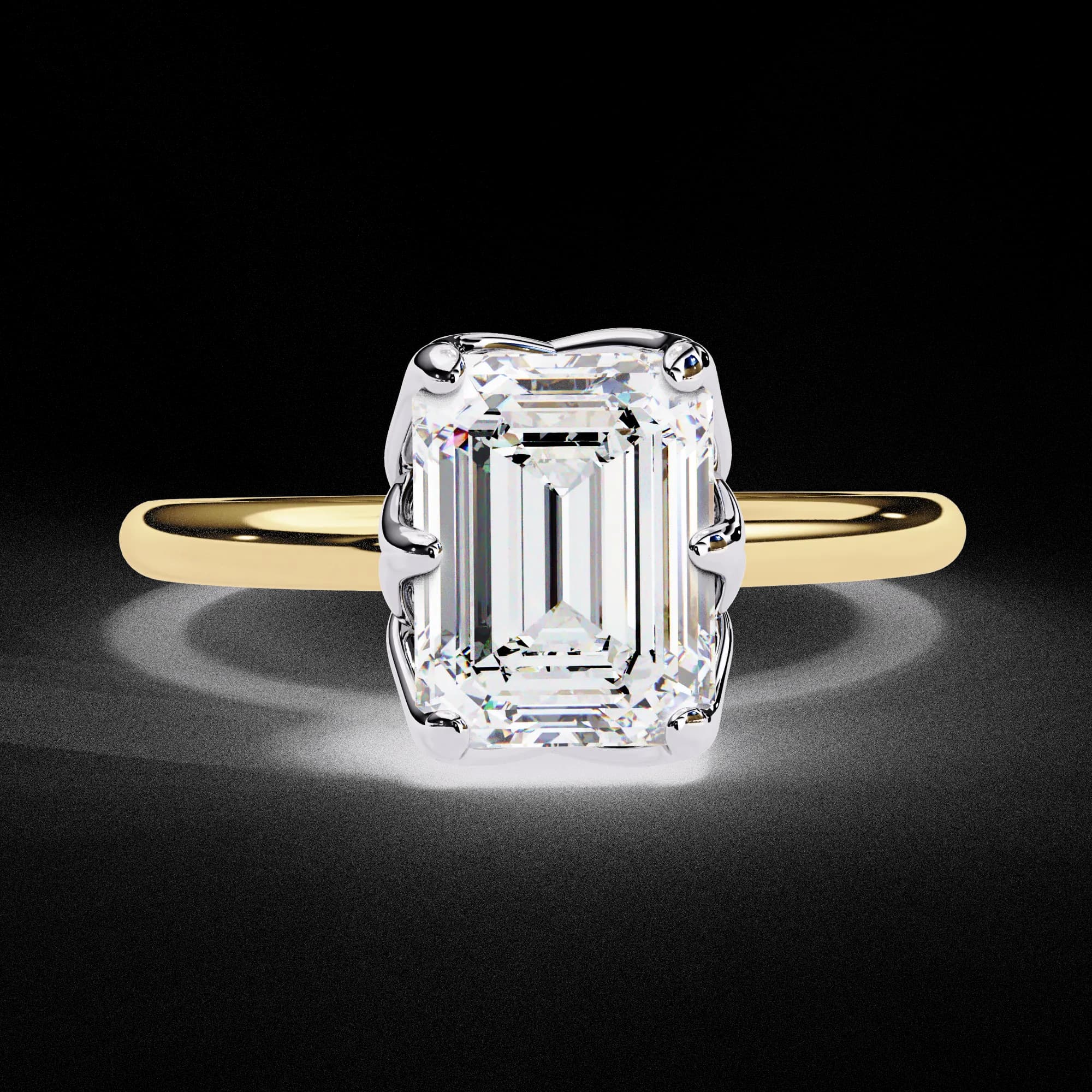 Emerald cut lab grown diamond solitaire engagement ring in yellow gold, front view