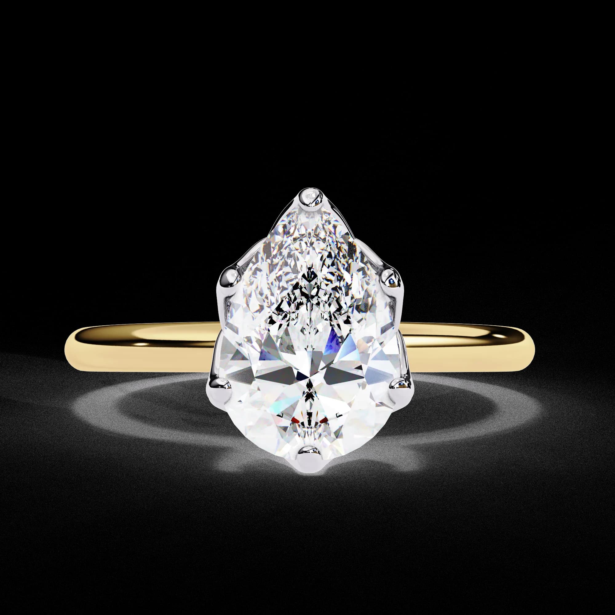 Pear lab grown diamond tulip basket solitaire engagement ring in yellow gold, front view