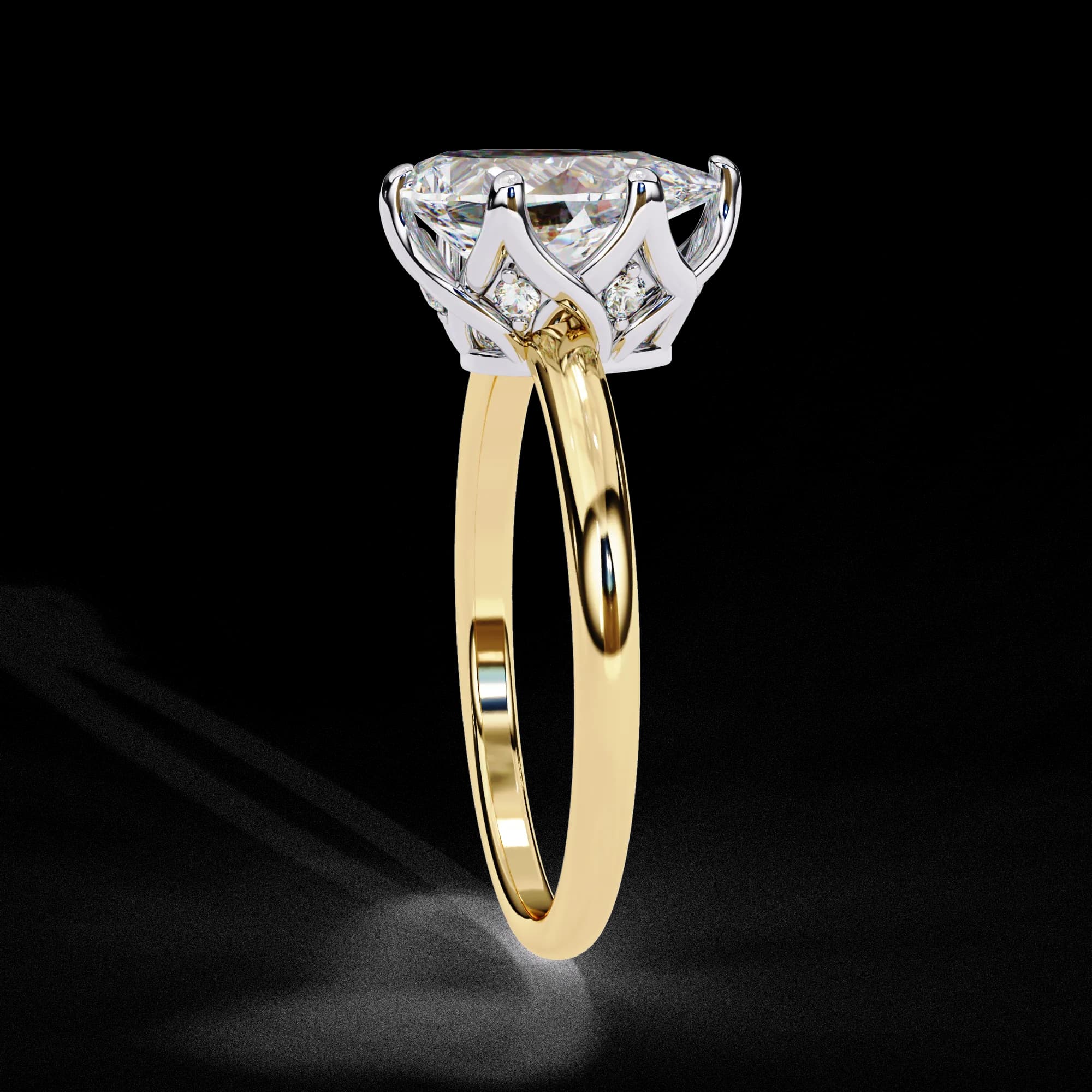 Pear lab grown diamond tulip basket solitaire engagement ring in yellow gold, side profile view