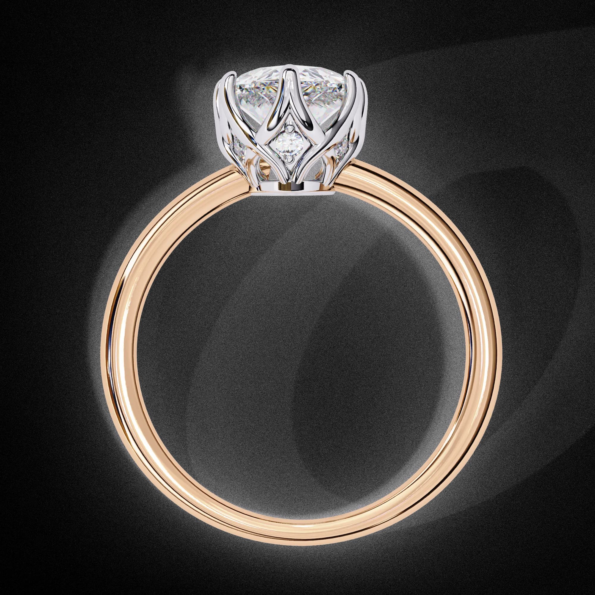 Marquise cut lab grown diamond lotus basket solitaire engagement ring in rose gold, through-finger view