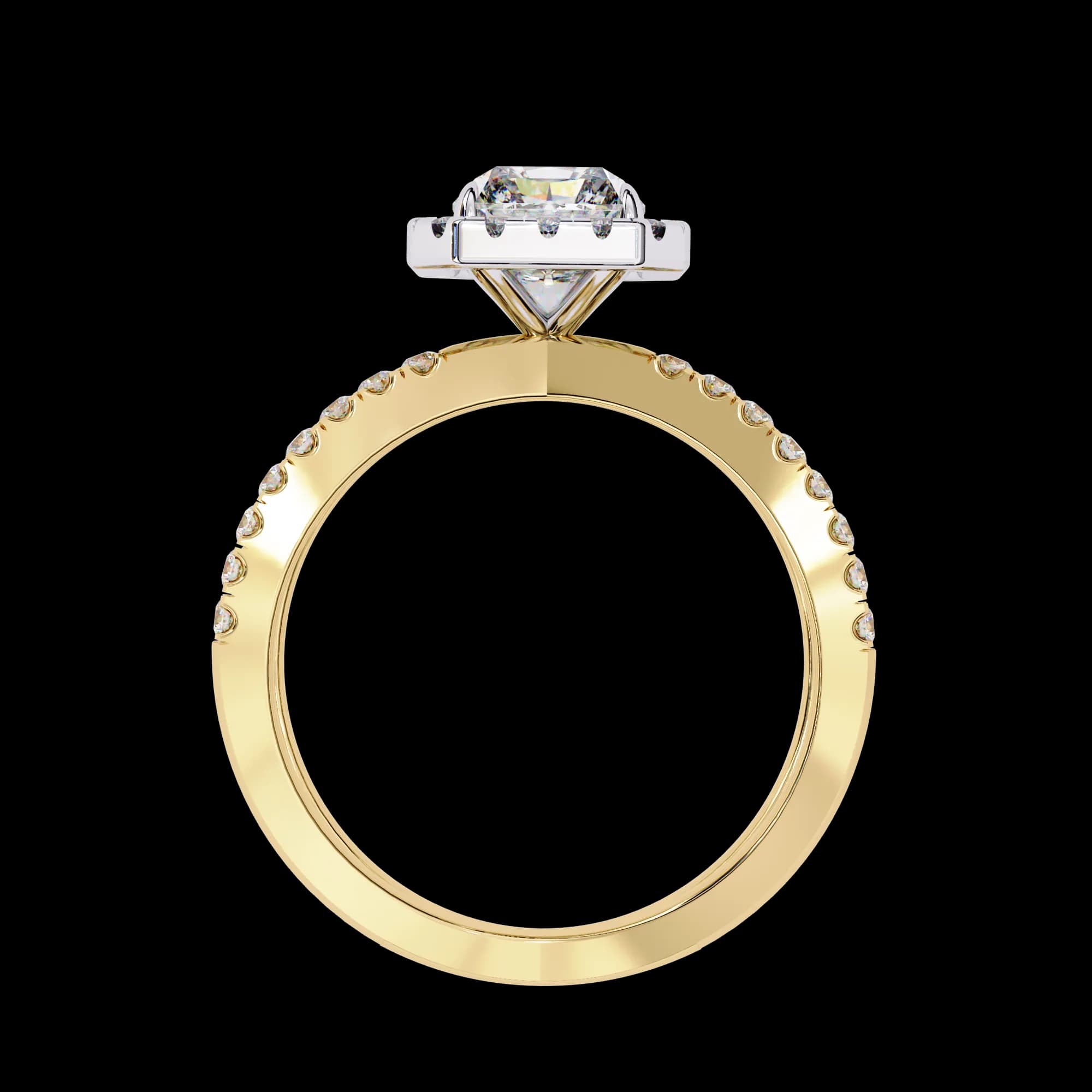 Radiant cut lab grown diamond halo split shank engagement ring in yellow gold, through-finger view