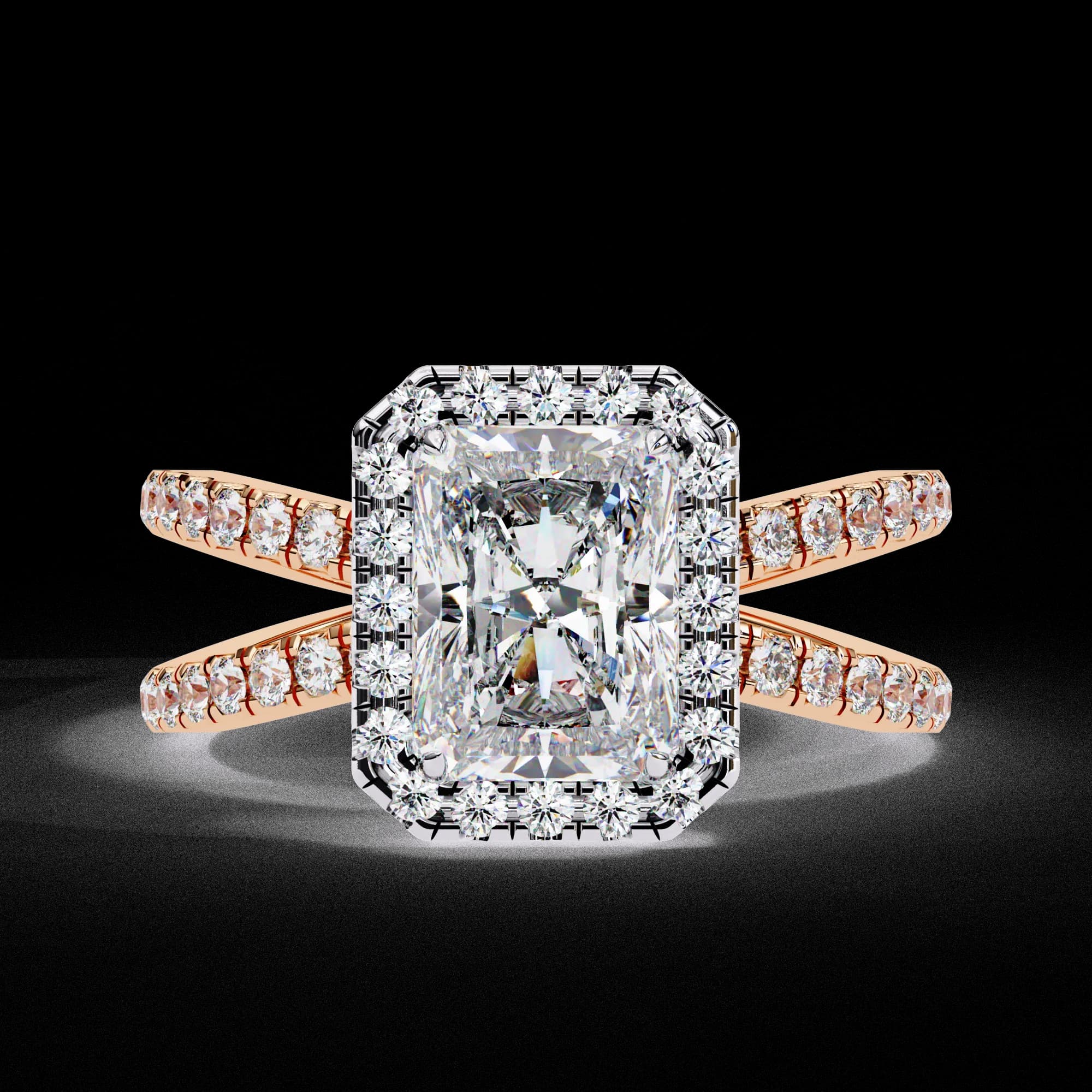 Radiant cut lab grown diamond halo split shank engagement ring in rose gold, front view