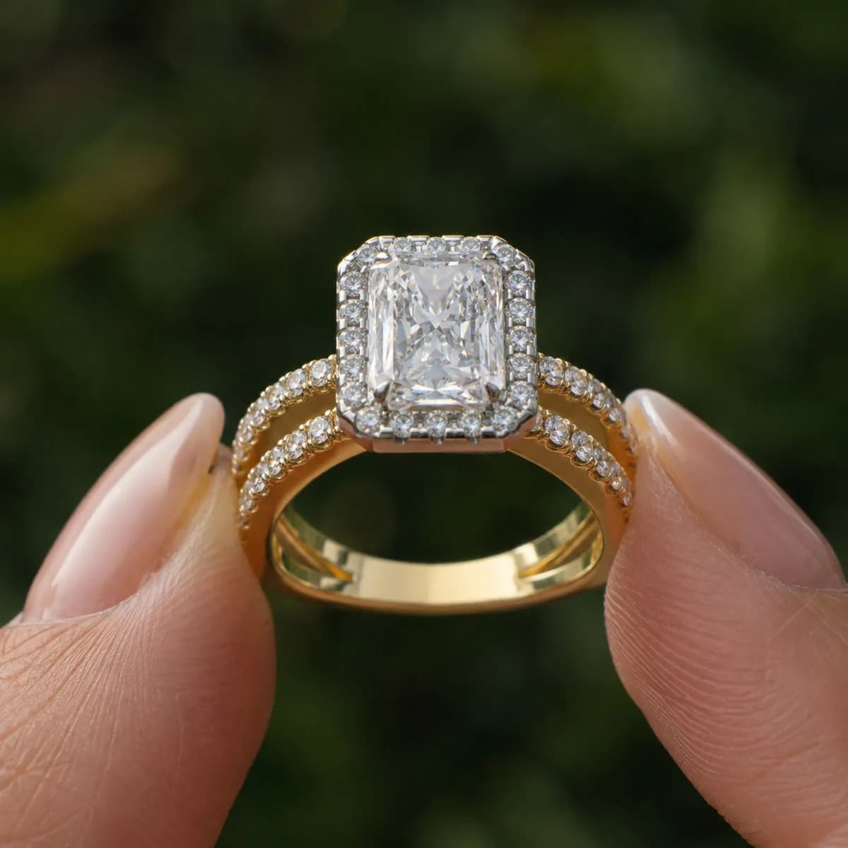 Radiant cut lab grown diamond halo split shank engagement ring in yellow gold held between fingertips