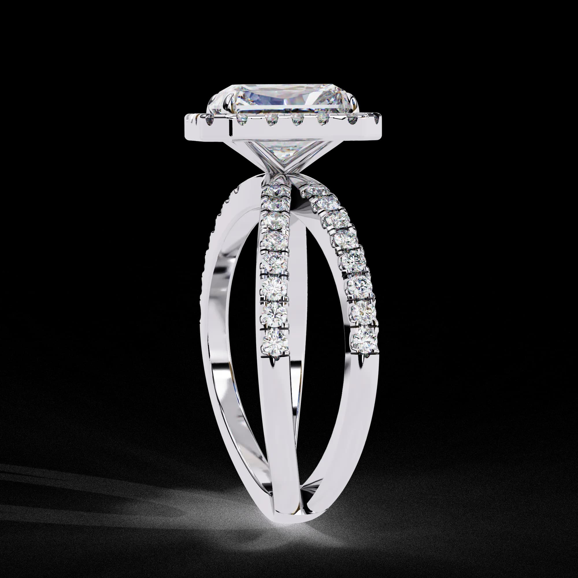 Radiant cut lab grown diamond halo split shank engagement ring in white gold, side profile view