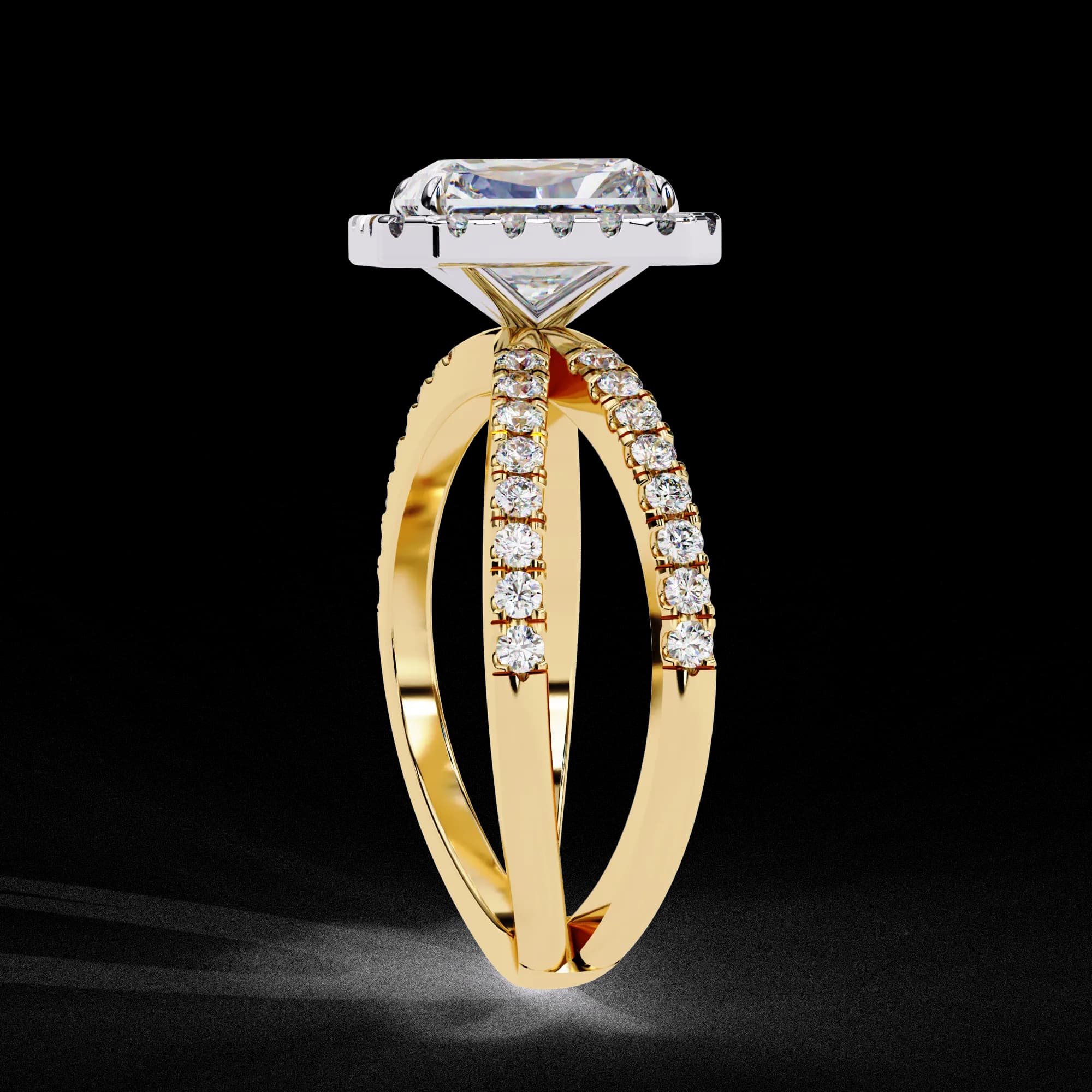Radiant cut lab grown diamond halo split shank engagement ring in yellow gold, side profile view