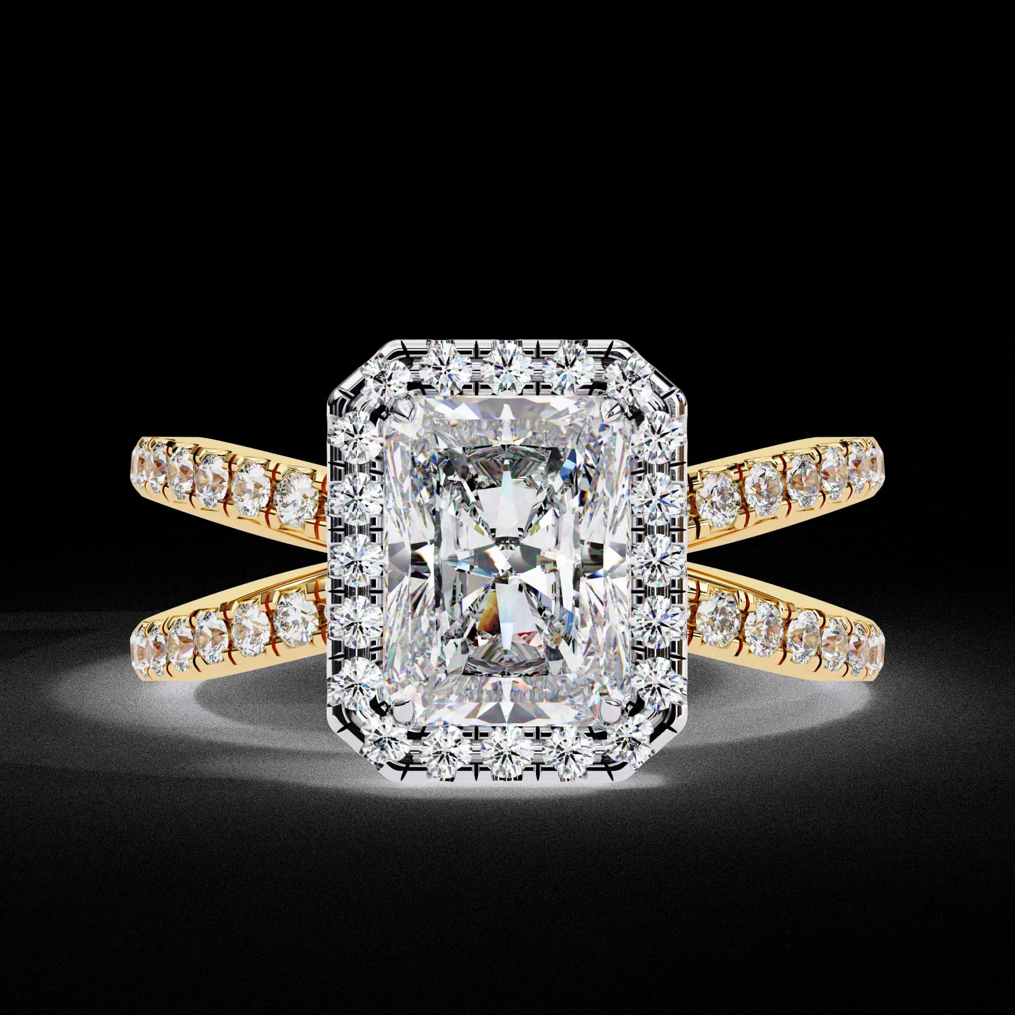 Radiant cut lab grown diamond halo split shank engagement ring in yellow gold, front view