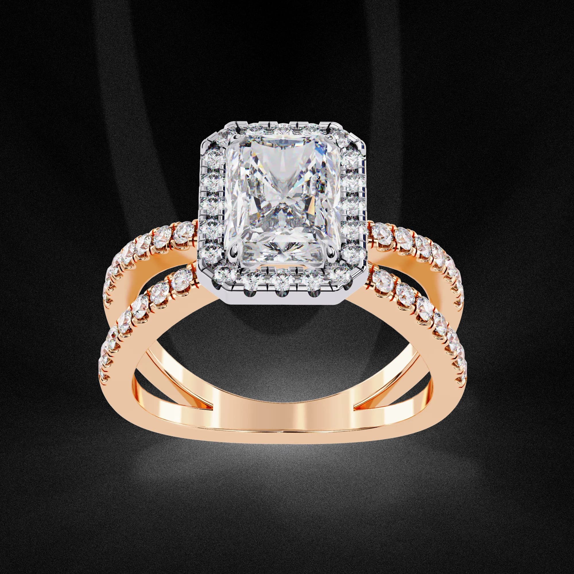 Radiant cut lab grown diamond halo split shank engagement ring in rose gold, angled view