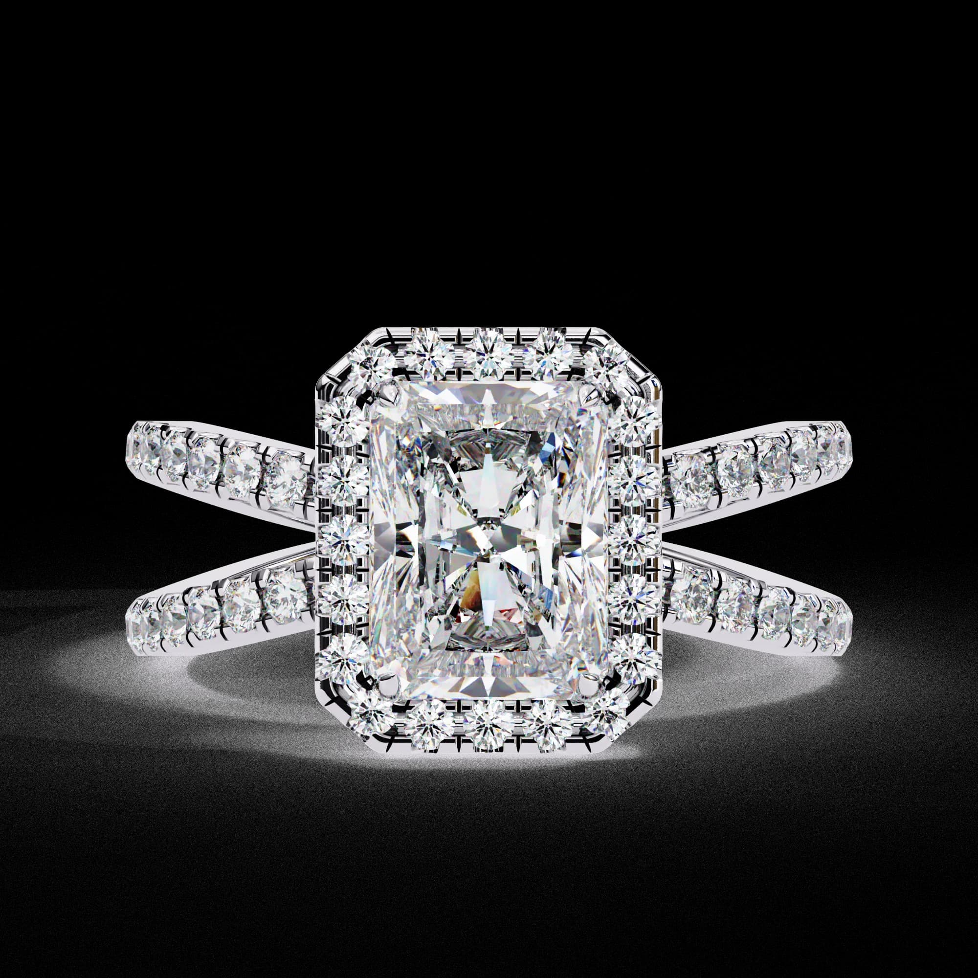 Radiant cut lab grown diamond halo split shank engagement ring in white gold, front view