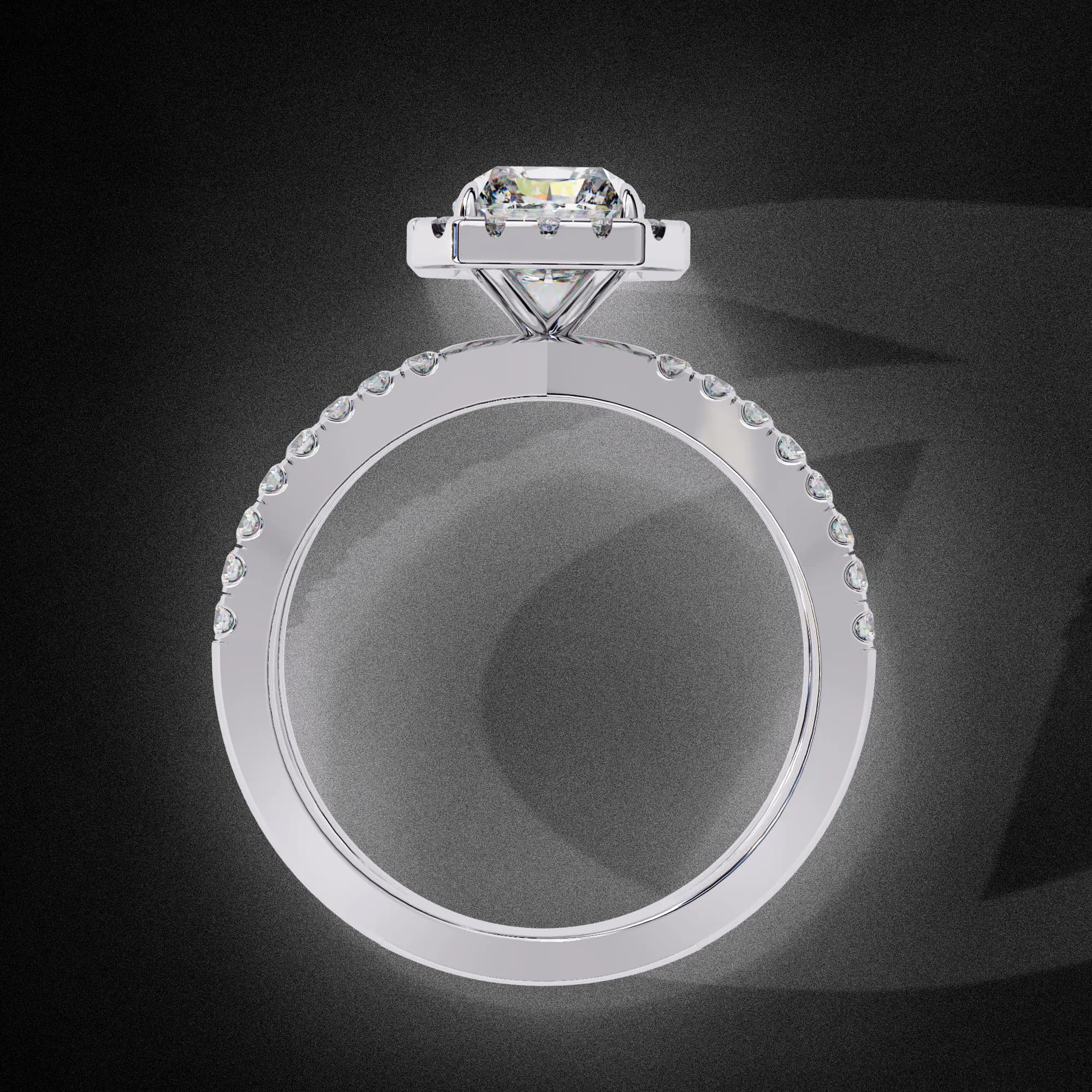 Radiant cut lab grown diamond halo split shank engagement ring in white gold, through-finger view