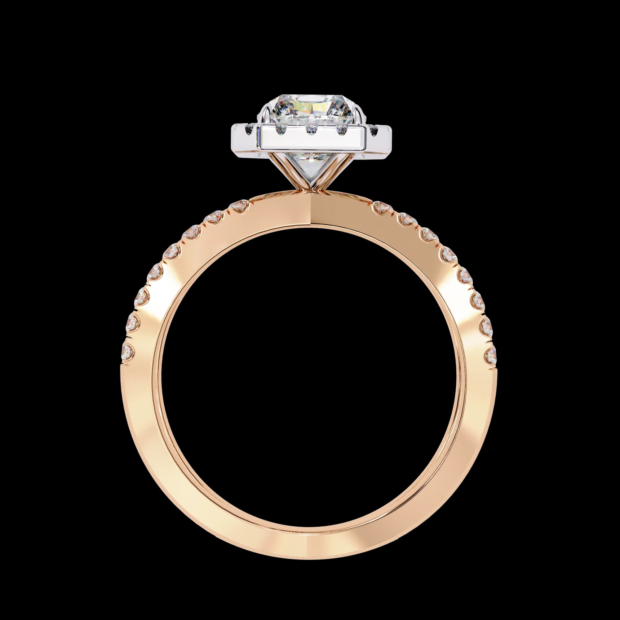 Radiant cut lab grown diamond halo split shank engagement ring in rose gold, through-finger view