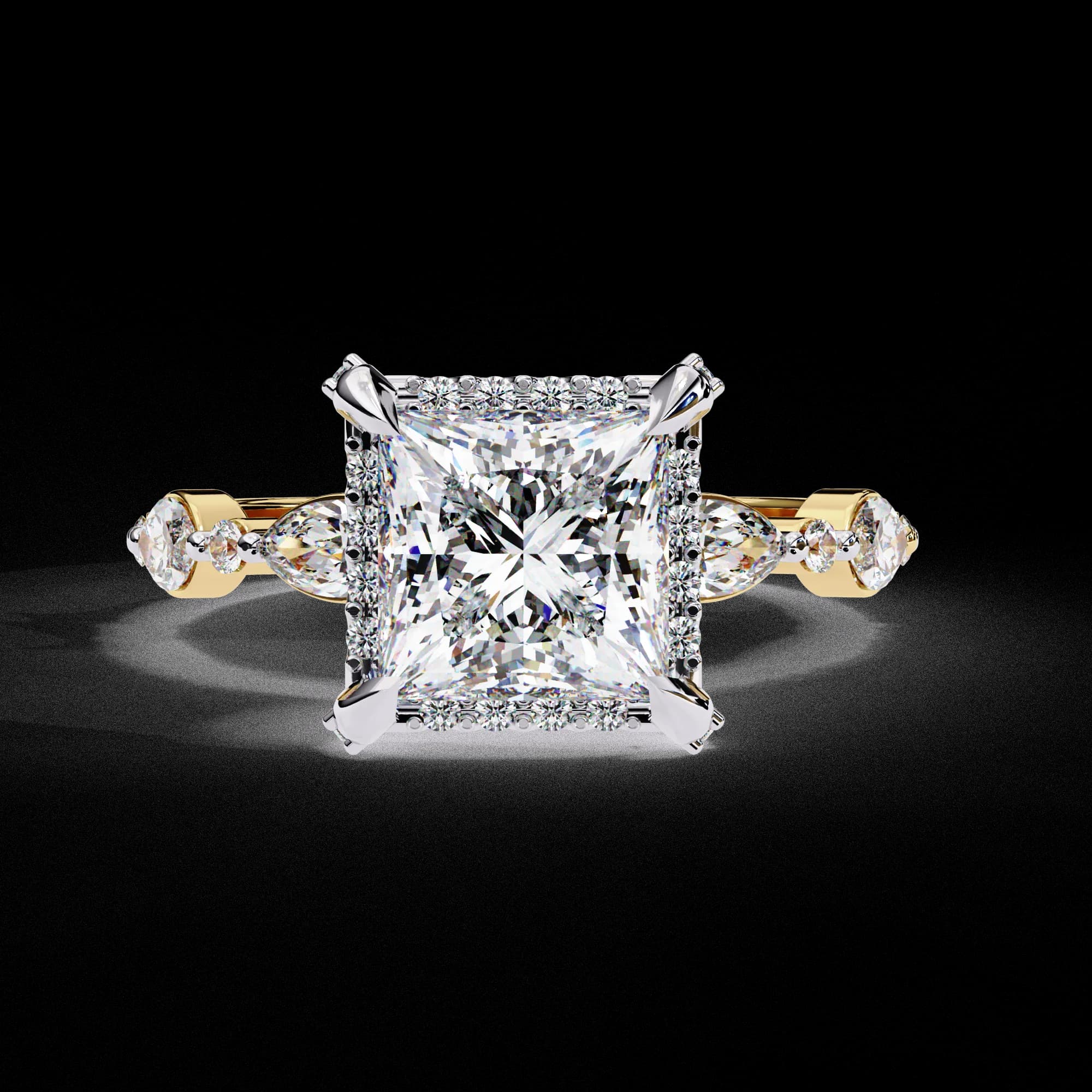 Princess cut lab grown diamond halo engagement ring with marquise side stones in yellow gold, front view