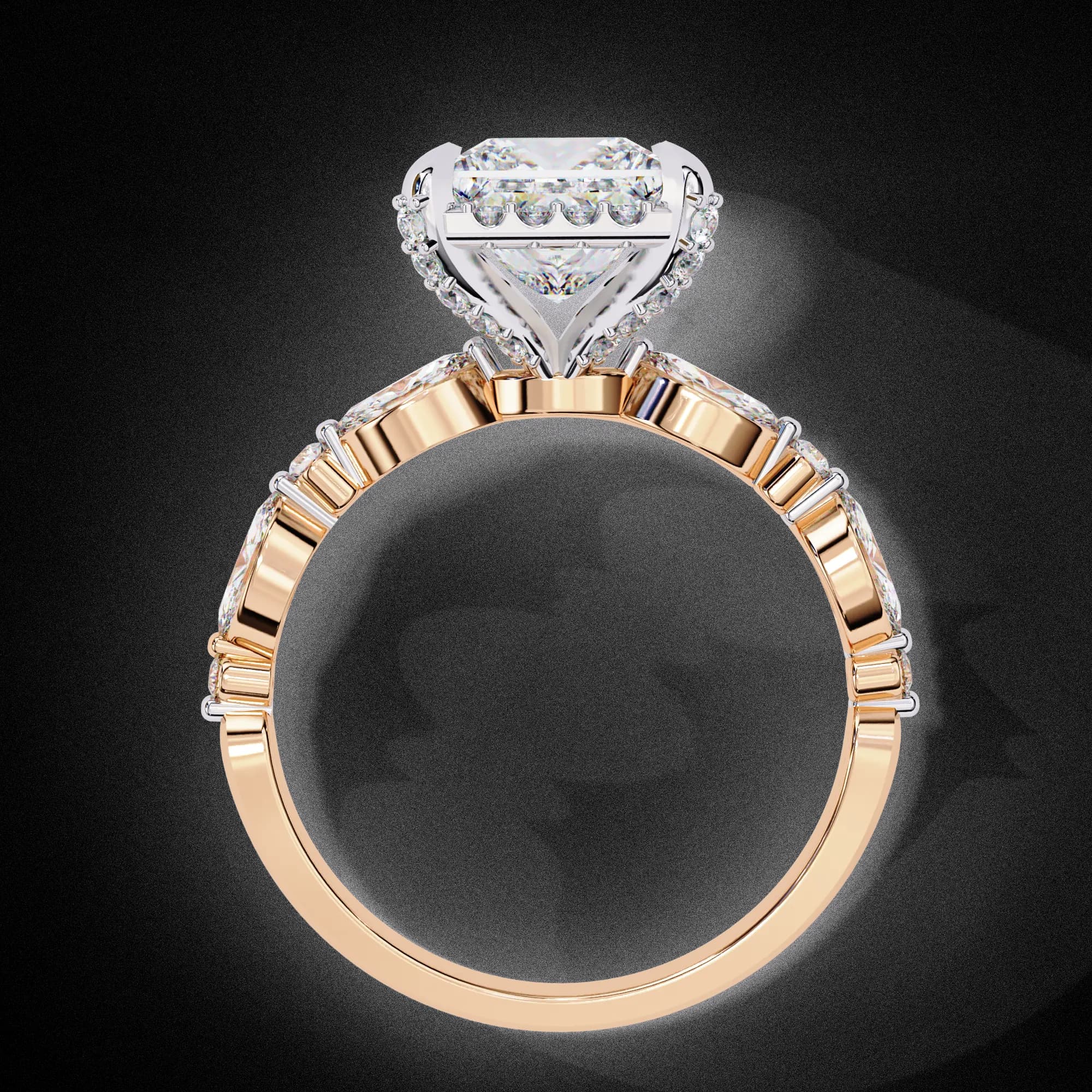 Princess cut lab grown diamond halo engagement ring with marquise side stones in rose gold, through-finger view