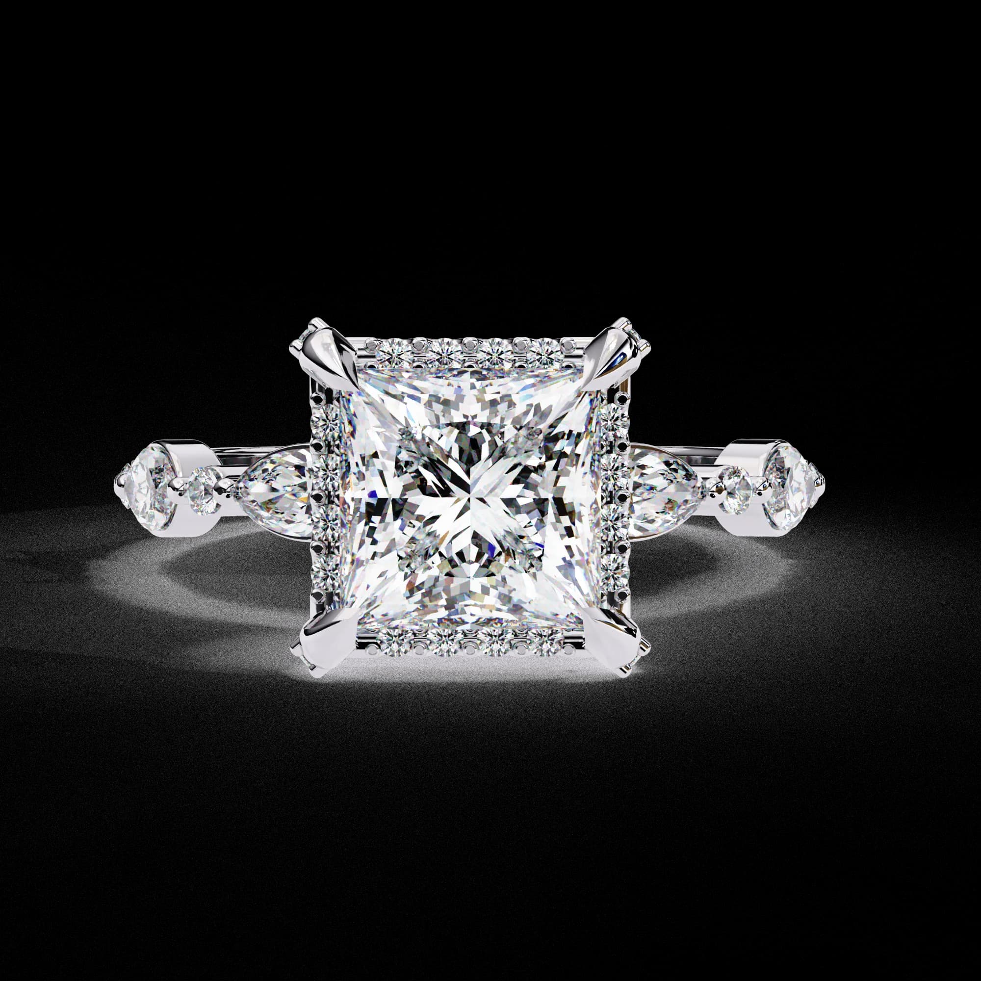 Princess cut lab grown diamond halo engagement ring with marquise side stones in white gold, front view